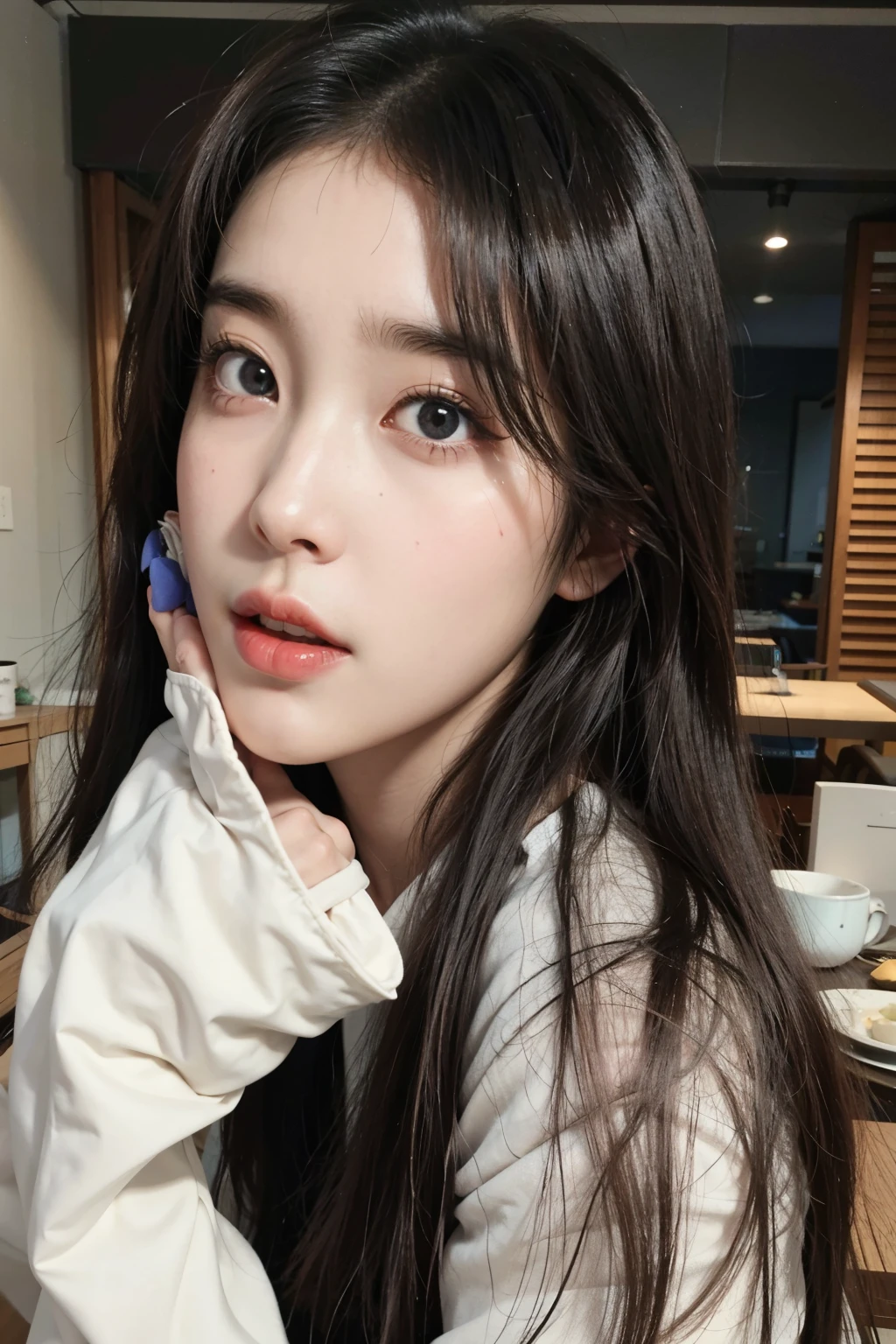there is a woman with long hair posing for a picture, young lovely korean face, coreana, young pale and beautiful asian face, adorable and pale korean face, Ulzzang, linda mulher sul-coreana, south east asian com rosto redondo, Korean facial features, linda jovem coreana, linda jovem coreana, com rosto redondo, belo rosto redondo, beautiful aesthetic face