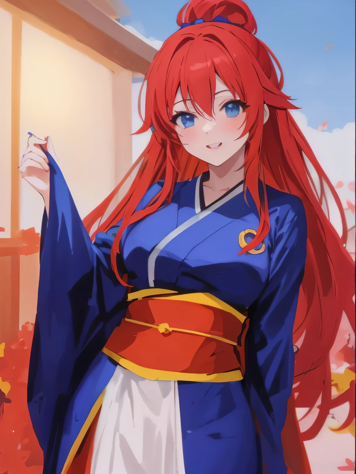 Chica anime con cabello RED, RED HAIR RED HAIR, RED HAIR, y ojos azules con un traje rojo., aqua from Konosuba, Konosuba, Konosuba anime style, chica anime seductora, anime moe art style, from sengoku period, beautiful alluring mujer anime, onmyoji, mujer anime, Diosa del anime, [32k high definition]^10, en kimono