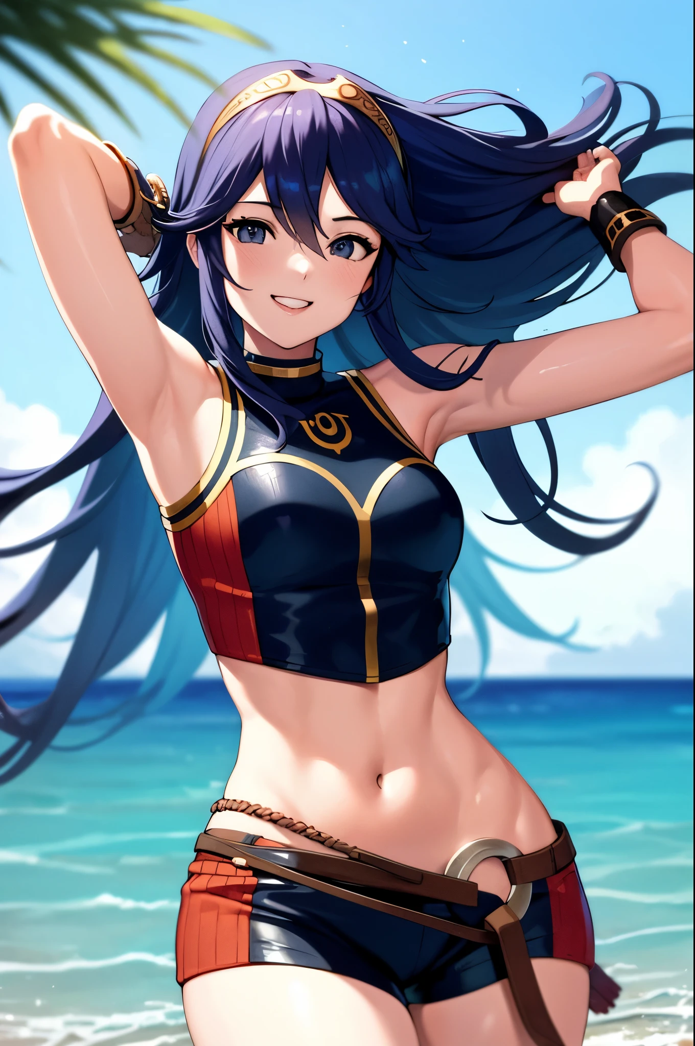 cipLucy, tiara, crop top, sleeveless, short shorts, playing in the ocean, splashing water with her hands, big smile
