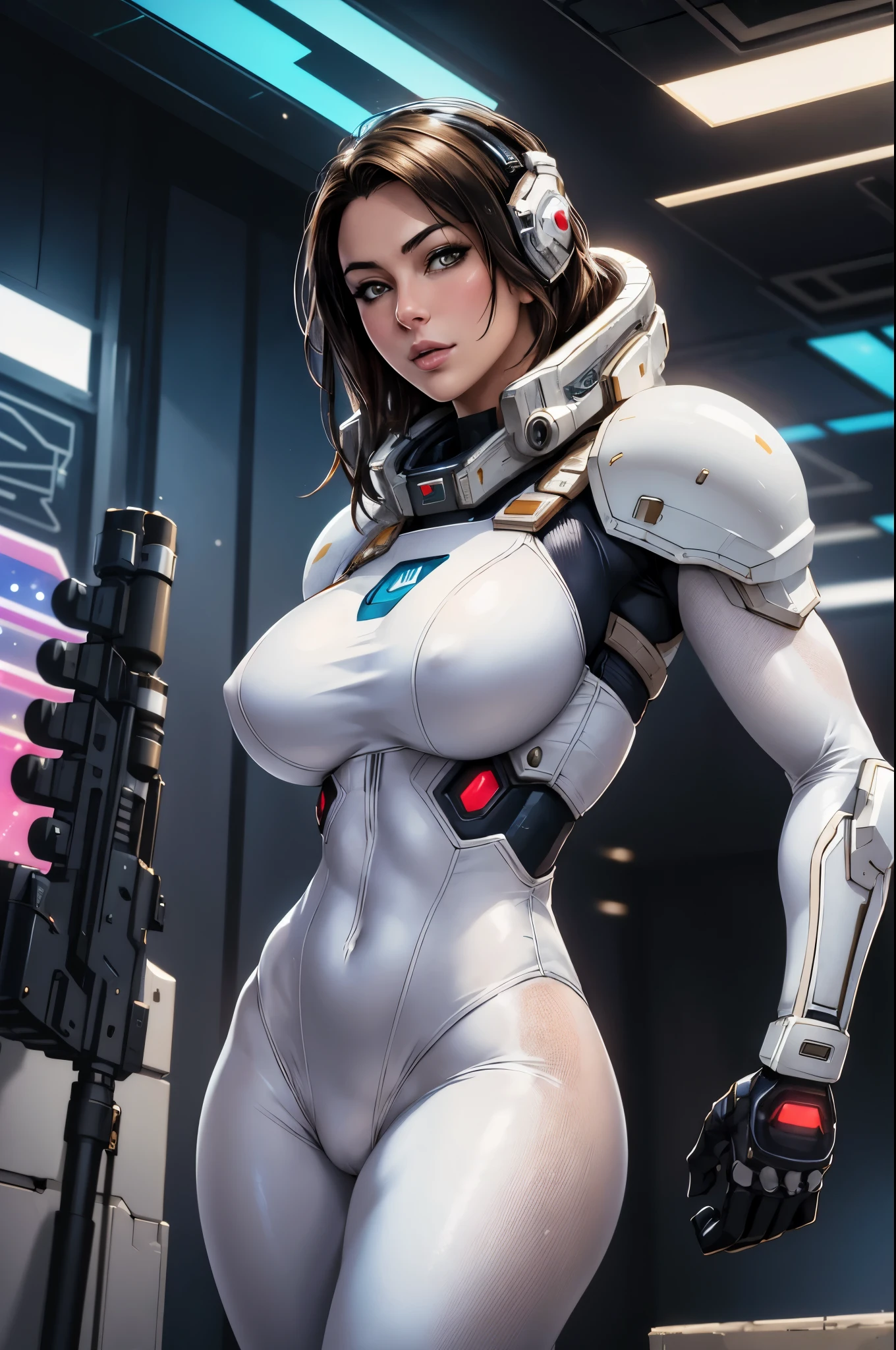 nijistyle, portrait of beautiful Erica Durance as a cyberpunk future warrior holding a massively oversized gatling gun. wearing a white armored swinsuit cyberpunk, Perfect body, parted lips, interior spaceship with a interstellar space background, immaculate composition