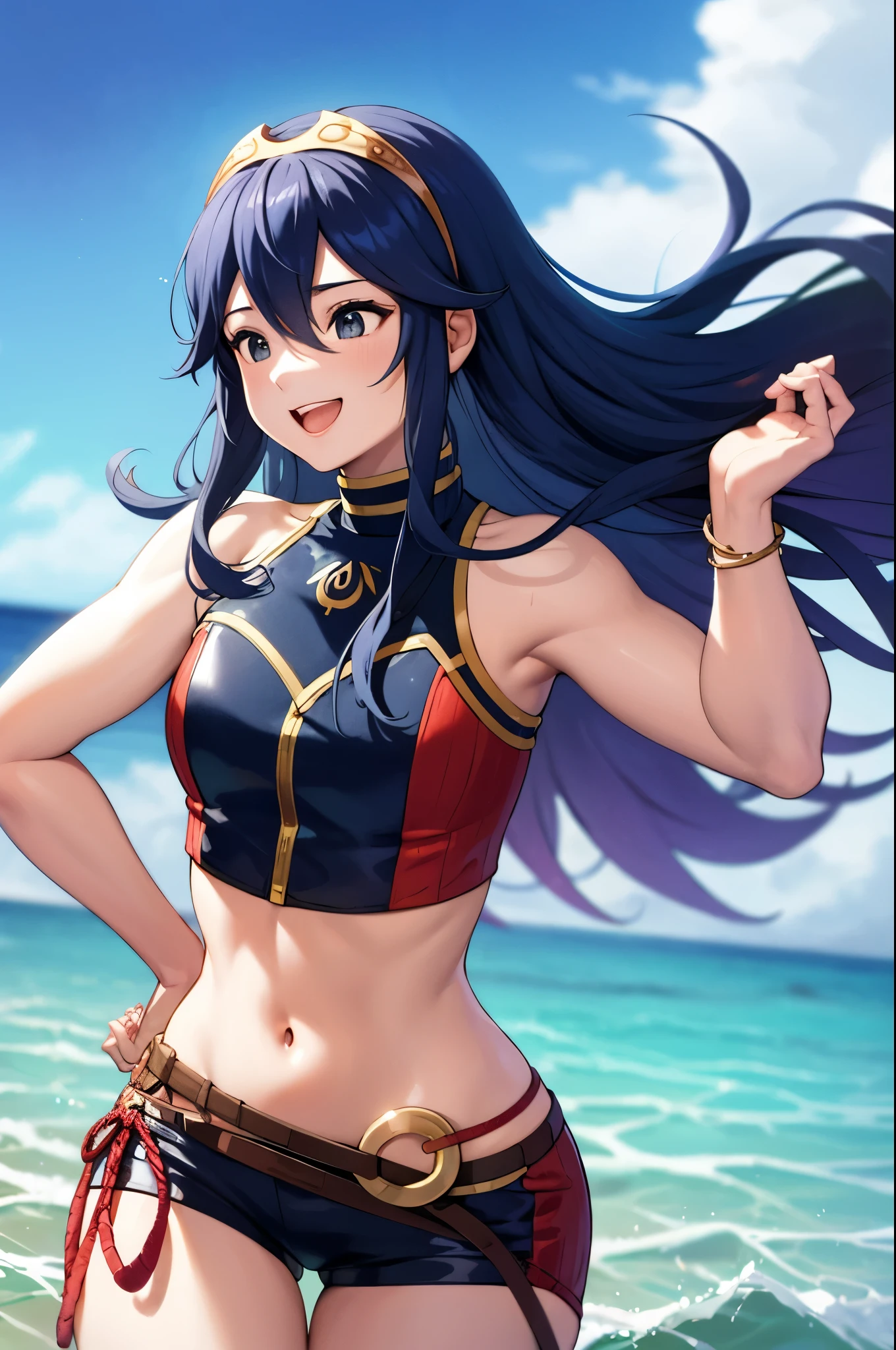 cipLucy, tiara, crop top, sleeveless, short shorts, playing in the ocean, splashing water with her hands, big smile
