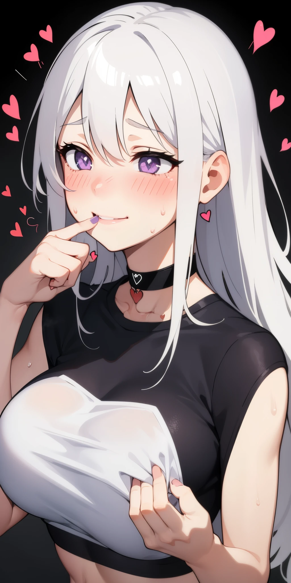 1girl,heart-shaped pupils,fingernails,hands on own face,white hair,purple eyes,(blush:1.1),choker,upper body,trembling,sweat,sweatdrop,heart,(speed lines:1.1),medium breasts, ((heavy breathing:1.3)), love, heart, crop top, happy, smile