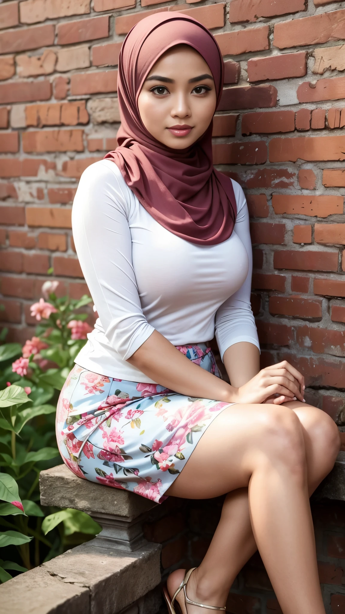 RAW, Best quality, high resolution, masterpiece: 1.3), beautiful Malay woman in hijab :0.8), beautifull face, perfect fit body, big eyes, glossy lips,(big breast),thick thighs, woman sitting against brick wall in bright color blouse and long floral skirt, amazing masterpiece, in flower garden, very attractive pose, she is about 2 5 years old, beautiful woman, beautiful, very beautiful, sitting, beautiful malay woman