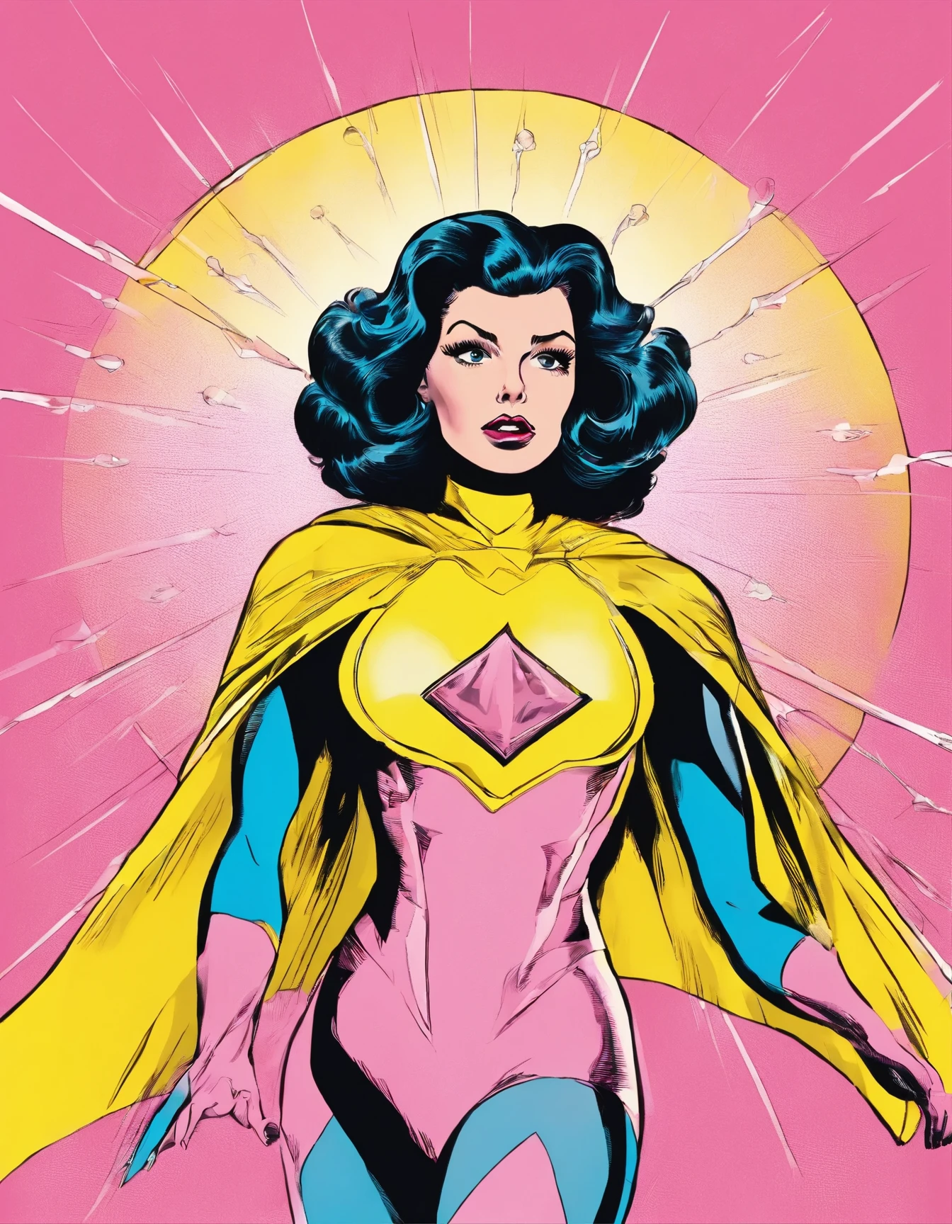 brunette woman, superhero, light pink outfit, yellow cape, lightning on clothes long hair crying