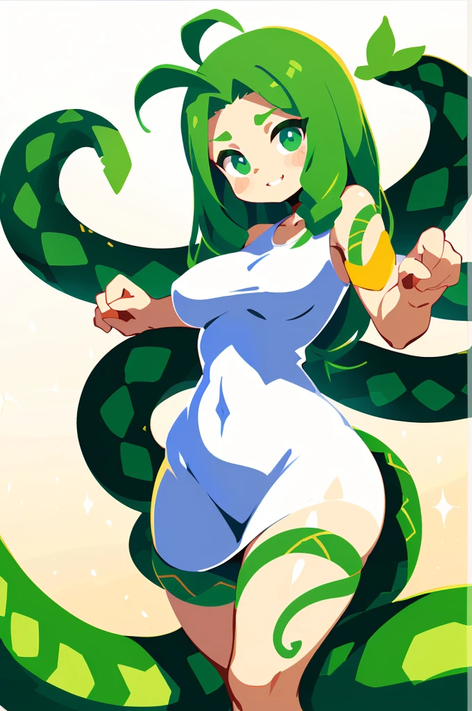 [low angle]，cinematic shadow，Top illustration art，Top image quality，Aesthetic art，(Animation Style)，solo，Upper Body，A woman，(beauty)，light smile，close eyes，(extremely detailed hair)，only bikini，(inside snake's coil，near a detailed green snake，(snake that long python))，very sexy，Glowing particle effects，Tropical rainforest background，Depth of Field，[at night]，masterpiece