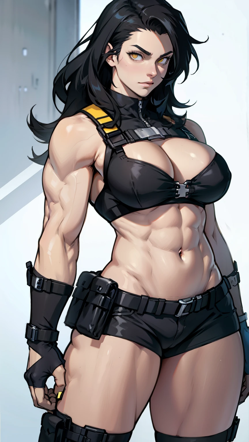 holster straps pale skin black hair yellow eyes muscular girl thick breasts