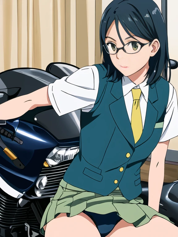 highest quality, table top, ultra high resolution, (realistic: )2D official style cell animation,A Certain Chemical Railgun,Gufa Meiwei,high school girl Yellow tie,Dark blue vest,Short sleeve shirt,checked mini skirt,Green armband,Glasses,black hair,Spanning a large motorcycle,Please show me your light blue lace underwear