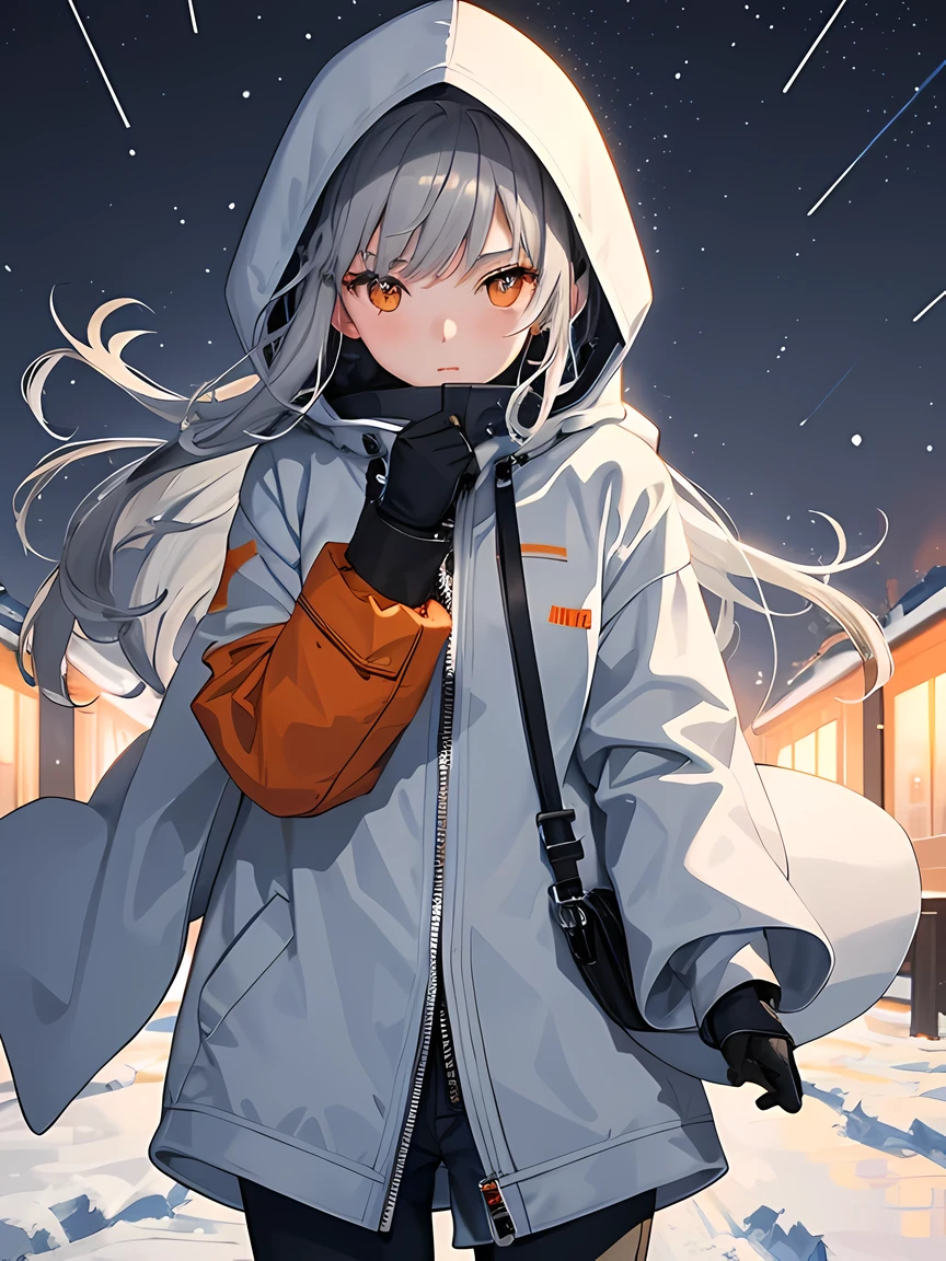 masterpiece, best quality, 1 girl, gray hair, orange eyes, heavy jacket, hood, (night:1.3), snowy location, (wind trails, snowing, struggling in a snowstorm,) worried