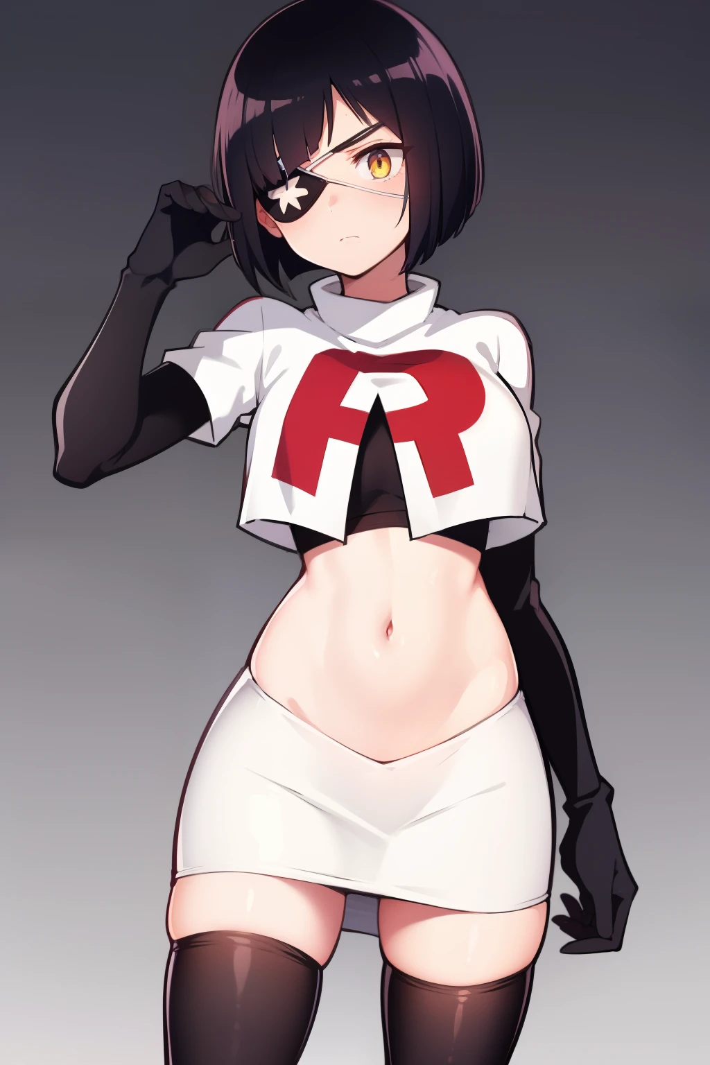 1girl, (kijin seija), breasts, solo, streaked hair, black hair, short hair, multicolored hair, horns, red eyes, crazy eyes, wide-eyed, constricted pupils, team rocket,team rocket uniform, red letter R, white skirt,white crop top,black thigh-highs,black elbow gloves