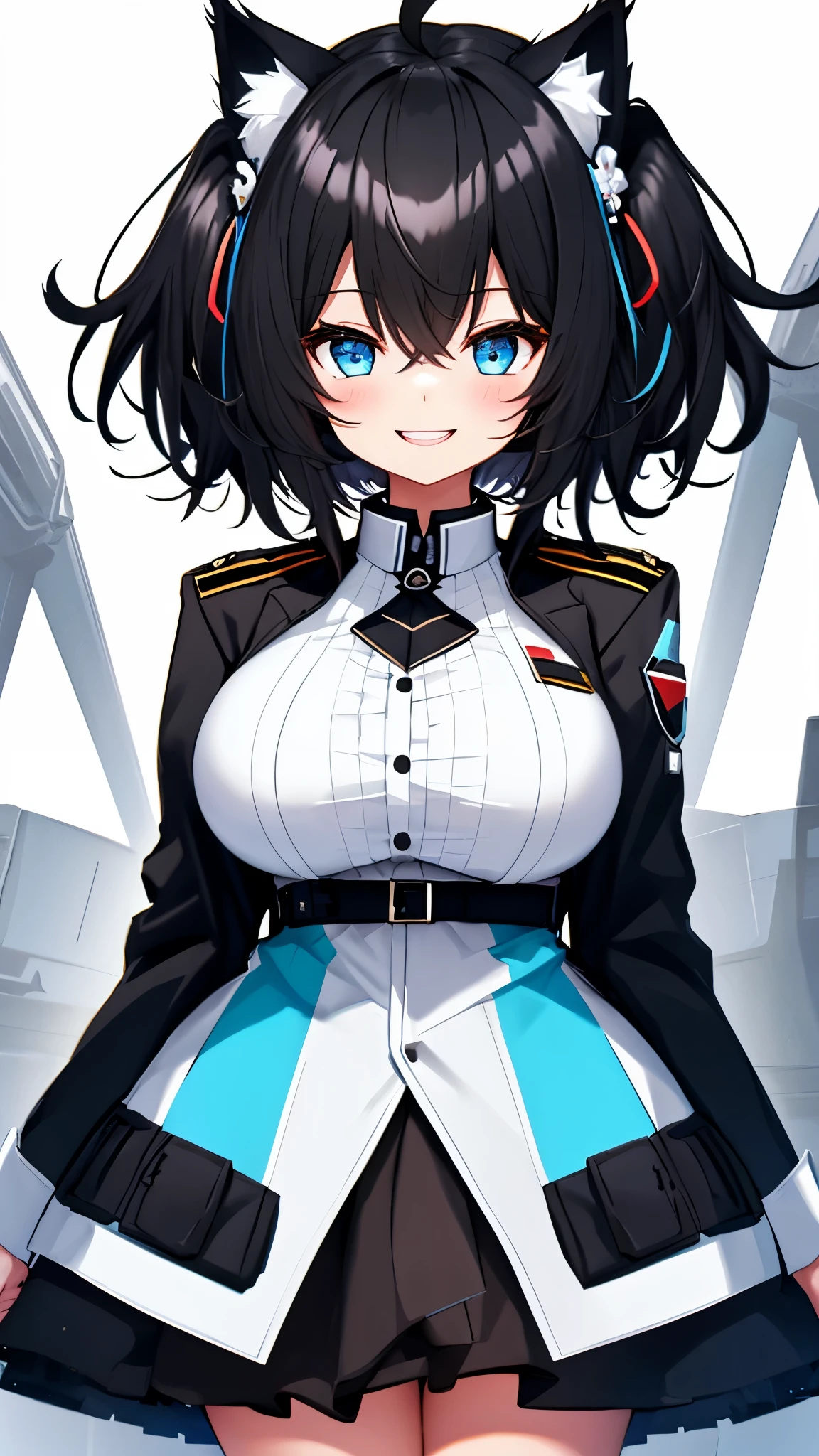 on lap,((((upright)))), ((((stand up)))), looking at the viewer, simple background、white background, 1 girl, open your mouth, smile, Virtual YouTuber、with a girl、((highest quality, expensive_solve, clear_image)),(black hair), (black cat ears), (Ahoge), (ridiculously short hair), (wavy hair), (blue eyes),、laughter、very big breasts、((concept art))、((front))、Wearing a black military uniform dress。