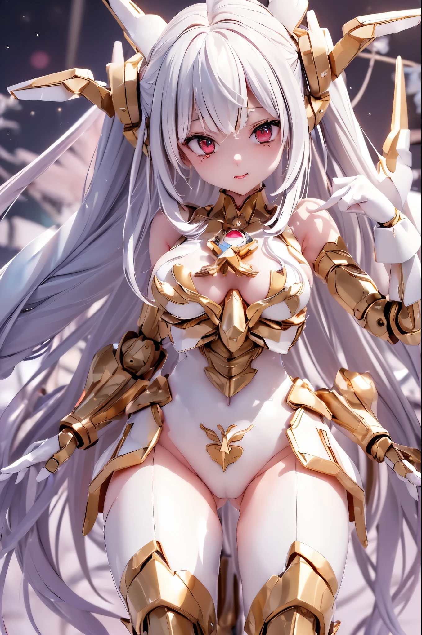 (masterpiece: 1.4), (highest quality: 1.4),  (She is fused with futuristic Gundam mecha), bikini, (very cute girl, super detailed face, eyes like jewels, white very long hair, Colorful gradient hair: 1.4), (Gundam style), with headgear, with v-fin ,armored shoulders,armored under arms, armored under legs, mechanical wings, (battle pose), (whole body:1.5, perfect 2 arms, perfect 2 legs: 1.4), (perfect four fingers: 1 thumb), light, shine, Bokeh, super fine