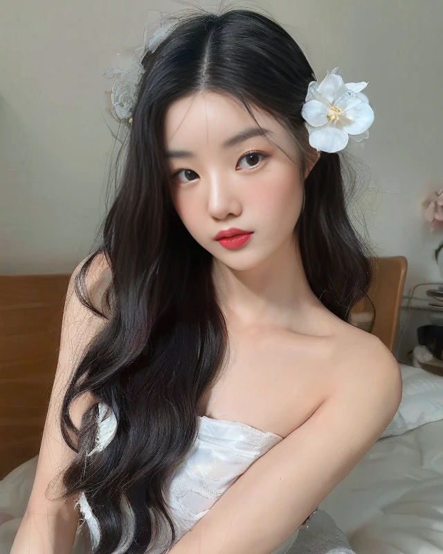 There is a woman with long hair and a flower in her hair, Beautiful  Asian, características Asians, Mulher sul-coreano bonita, mulher coreano jovem bonita, linda mulher coreano jovem,  coreano, linda mulher Asian,  Asian with long hair, young pale and beautiful asian face, linda modelo chinesa,  Asian, Ulzzang, uma jovem Asian, beautiful aesthetic face