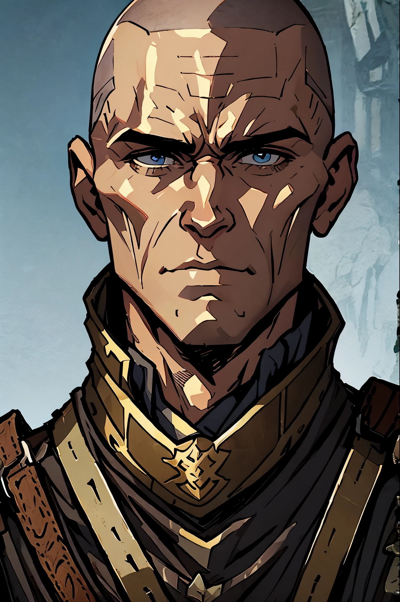 1man,portrait,Medieval mercenaries、real,skin head