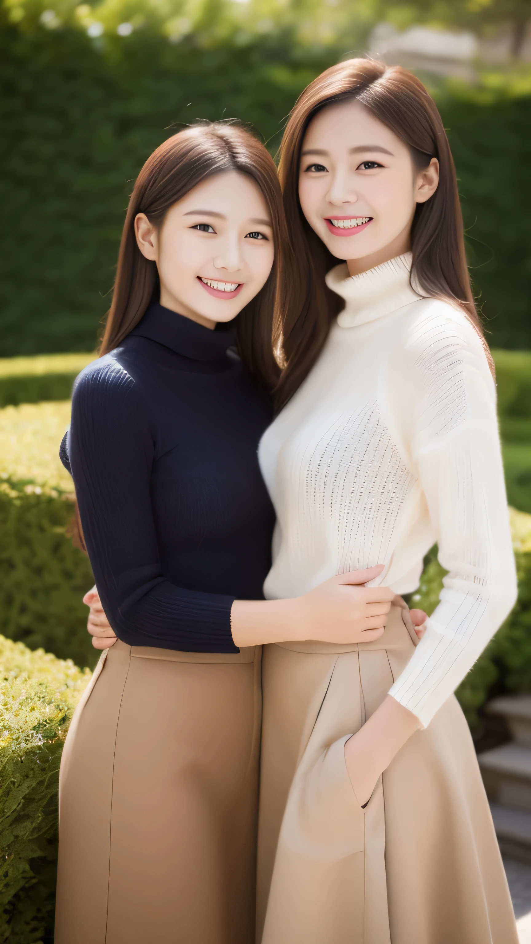 2 women，hostess face、turtleneck wool sweater、skirt、High quality、Super realistic、healthy、smiling expression、perfect slender figure、Japanese beauty、 perfect eyes、Shining beautiful skin、garden