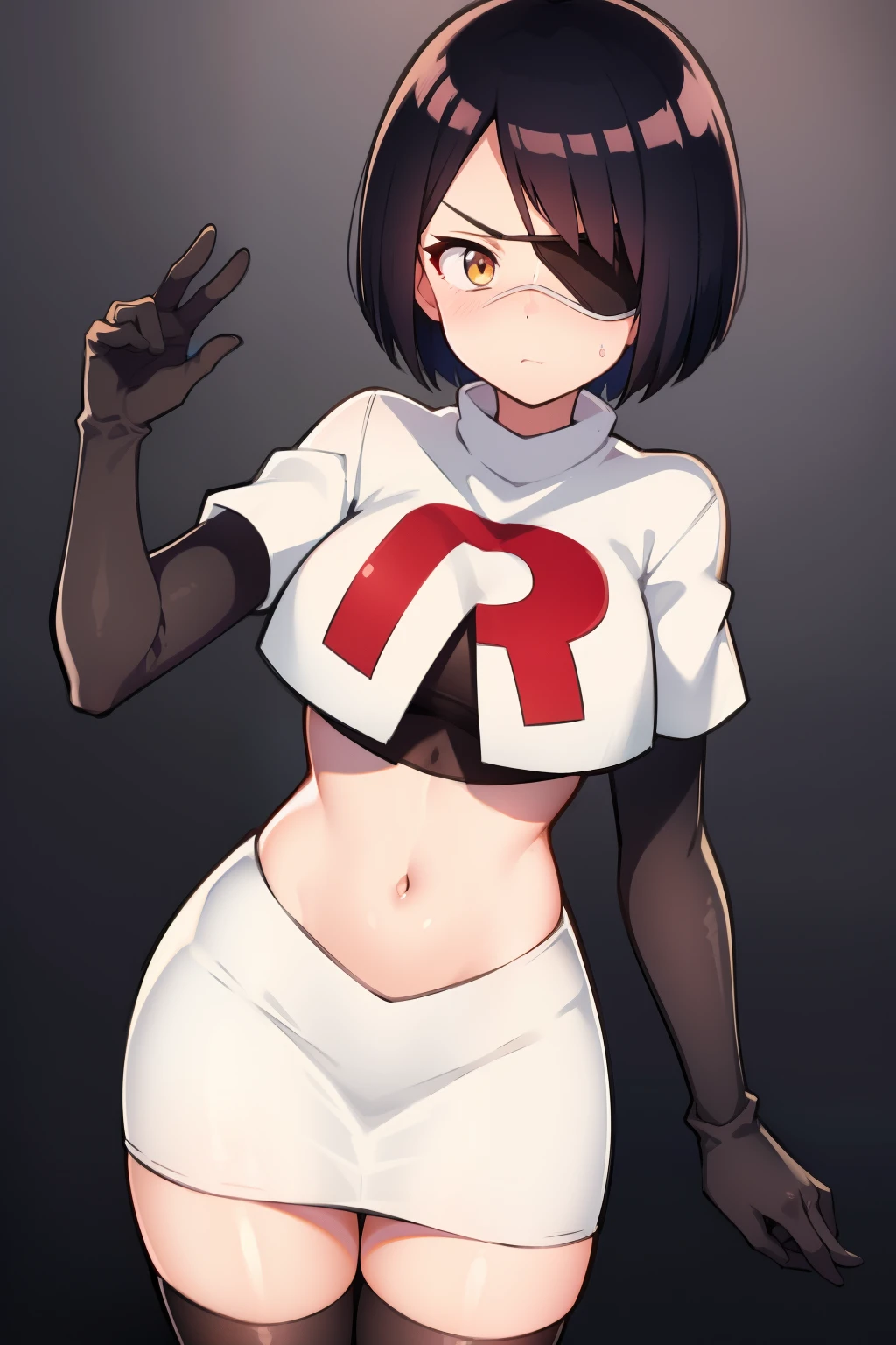 one girl, anime style, black hair, short hair, white eye patch, eye patch, medical eye patch, golden eye colour, shy, high detail, sharp image, face, team rocket,team rocket uniform,white skirt,crop top,black thigh-highs,black elbow gloves