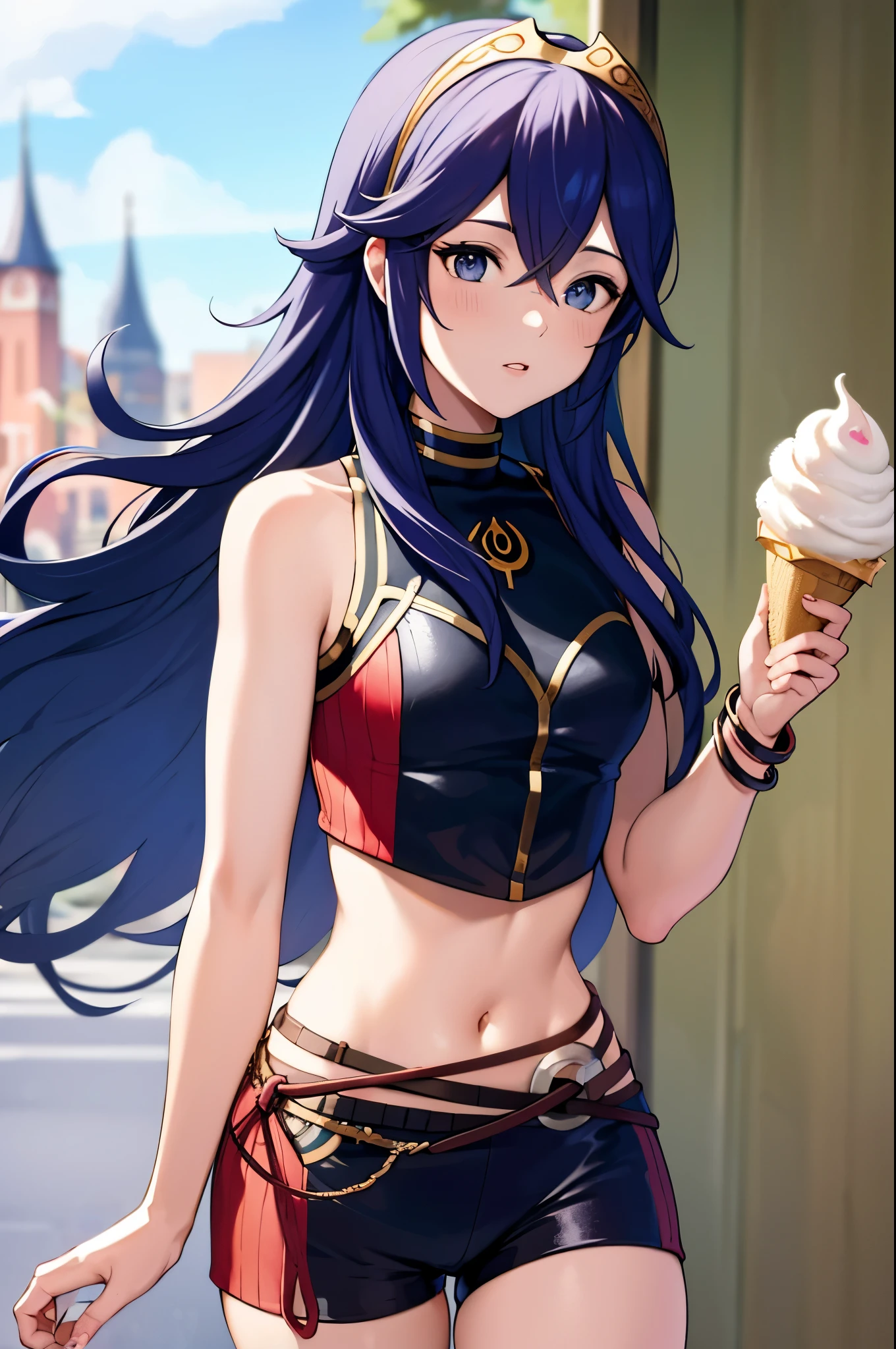 cipLucy, tiara, crop top, sleeveless, short shorts, holding an ice-cream cone
