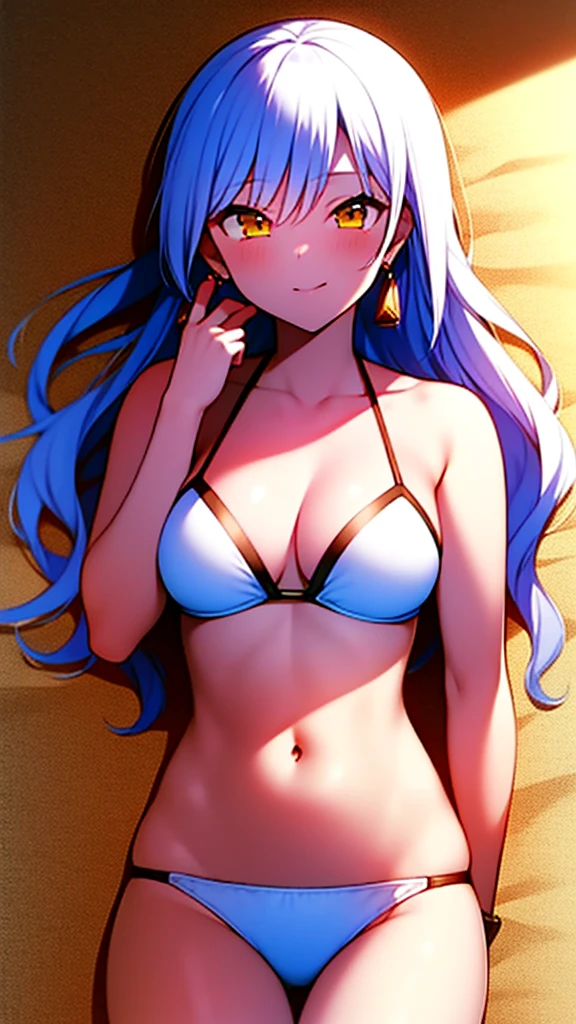 masterpiece, best quality, 1 solo girl, white hair, yellow eyes, wavy hair, long hair, medium breasts, mature body and face, white bikini, jewelry, hair ornament, earrings, ball, lying at the sand, white sand, summer, cowboy shots, sexy pose, dakimakura, detailed body, face, and eyes, sharp focus, vibrant, creative, dynamic, high definition, high resolution, 8k, (Upscale: R-ESRGAN 4x+ Anime6B), (Image enchance:4x), voluptuous body, summer girl,