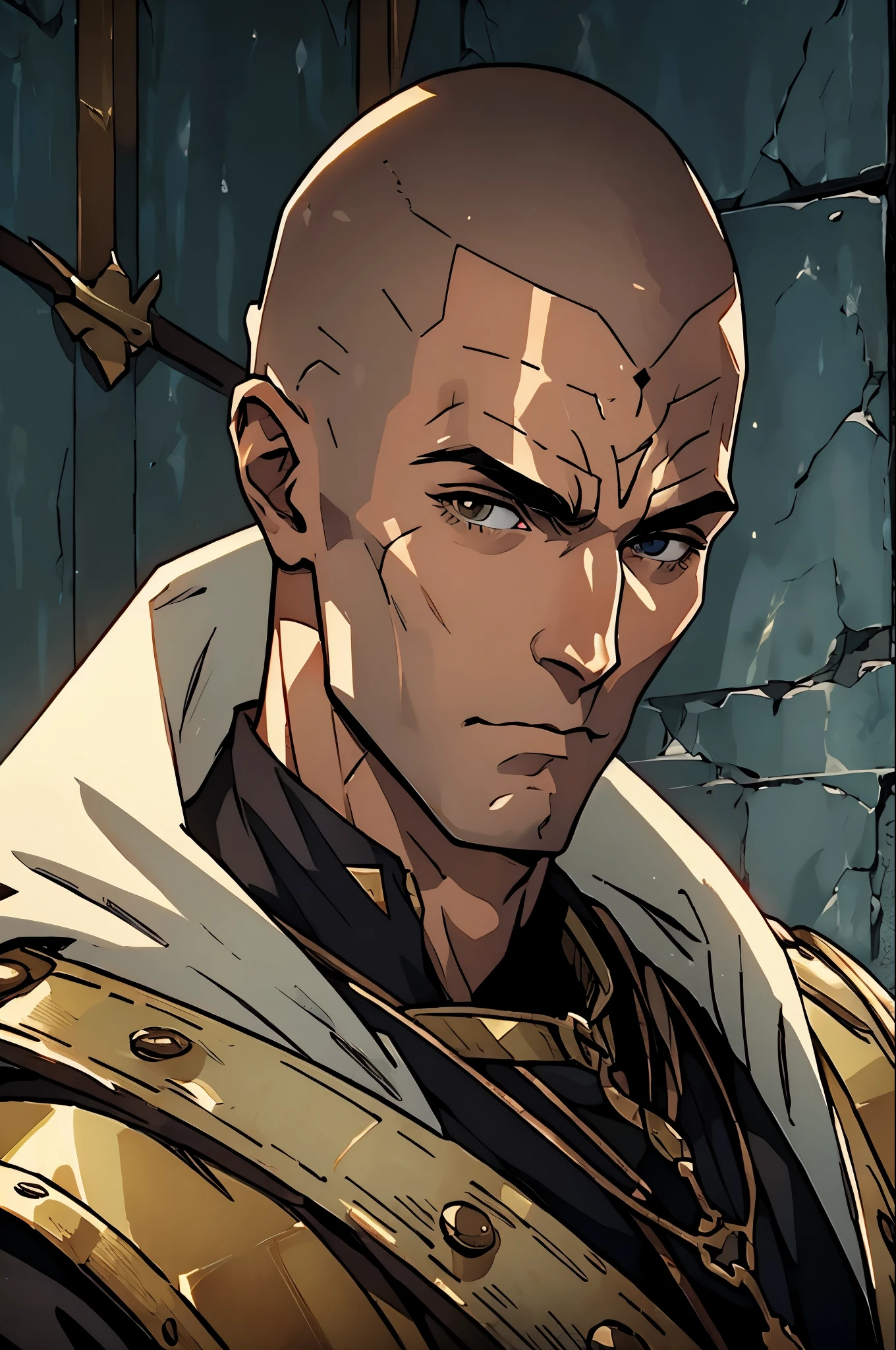 1man,portrait,Medieval mercenaries、real,skin head