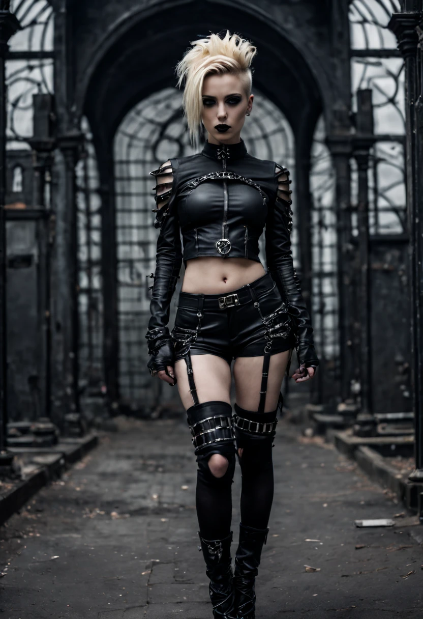 close-up photo of a woman in black open femdom clothes, full body shot, edgy and bold hairstyle, blond hair, crop top, hotpants, Metal jewelry, Dynamic posture, handsome body, slim figure, small breasts, seductive cyberpunk dark fantasy, Sensual, Gloomy style, dark fantasy mixed with realism, goth girl, dominatrix in play, femdom in play, mistress, seductive, very beautiful goth top model, gothic horror vibes, The Queen of Dark Gothic, Gothic atmosphere, goth woman, Awesome and gloomy, ornamental gothic - cyberpunk, Gothic - Cyberpunk,