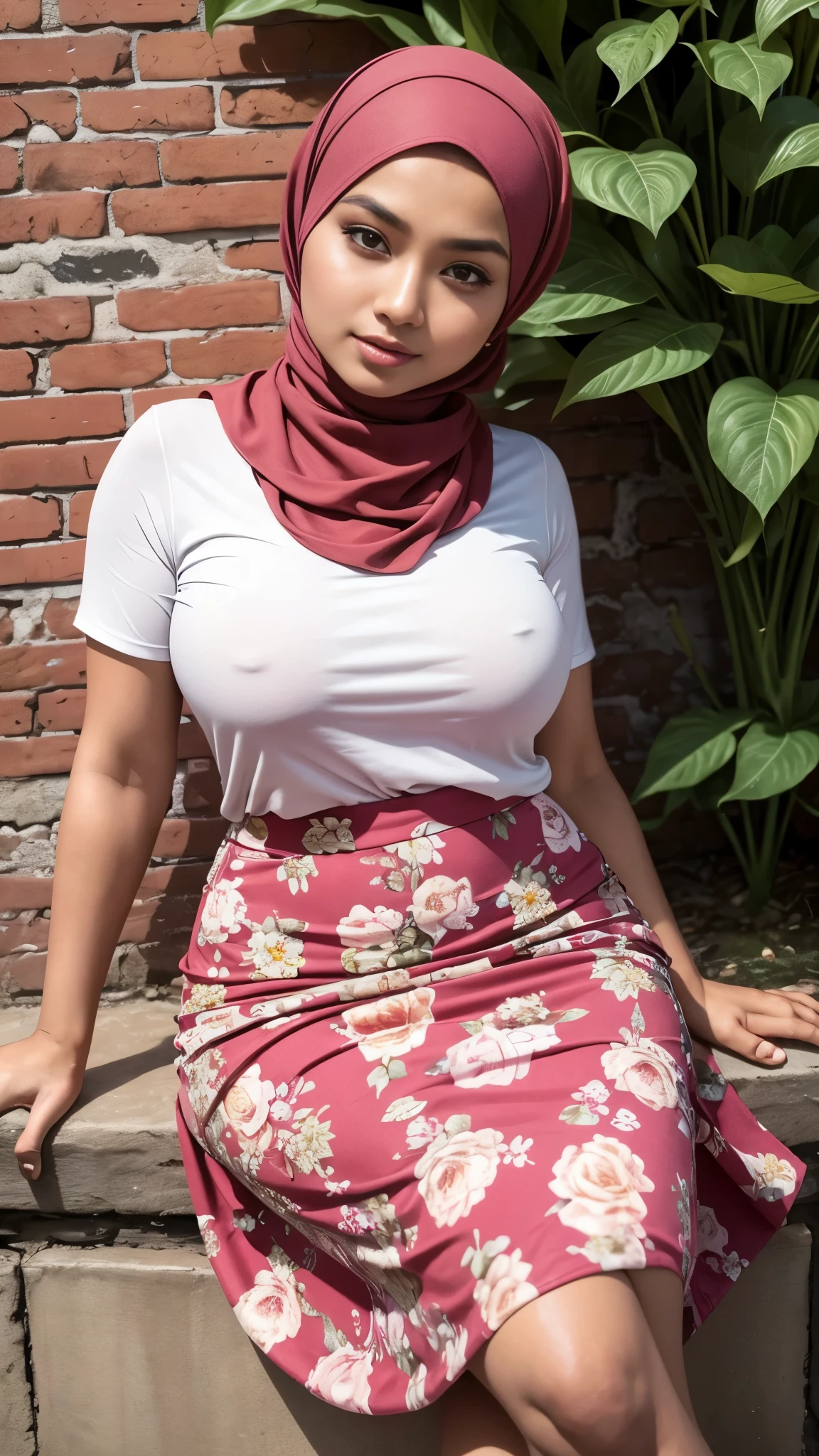 RAW, Best quality, high resolution, masterpiece: 1.3),  beautiful Malay woman in hijab :0.8), beautifull face, perfect fit body, big eyes, glossy lips,big , woman sitting against brick wall in bright color blouse and long floral skirt, amazing masterpiece, in flower garden, very attractive pose, she is about 2 5 years old, beautiful woman, beautiful, very beautiful, sitting, beautiful malay woman 