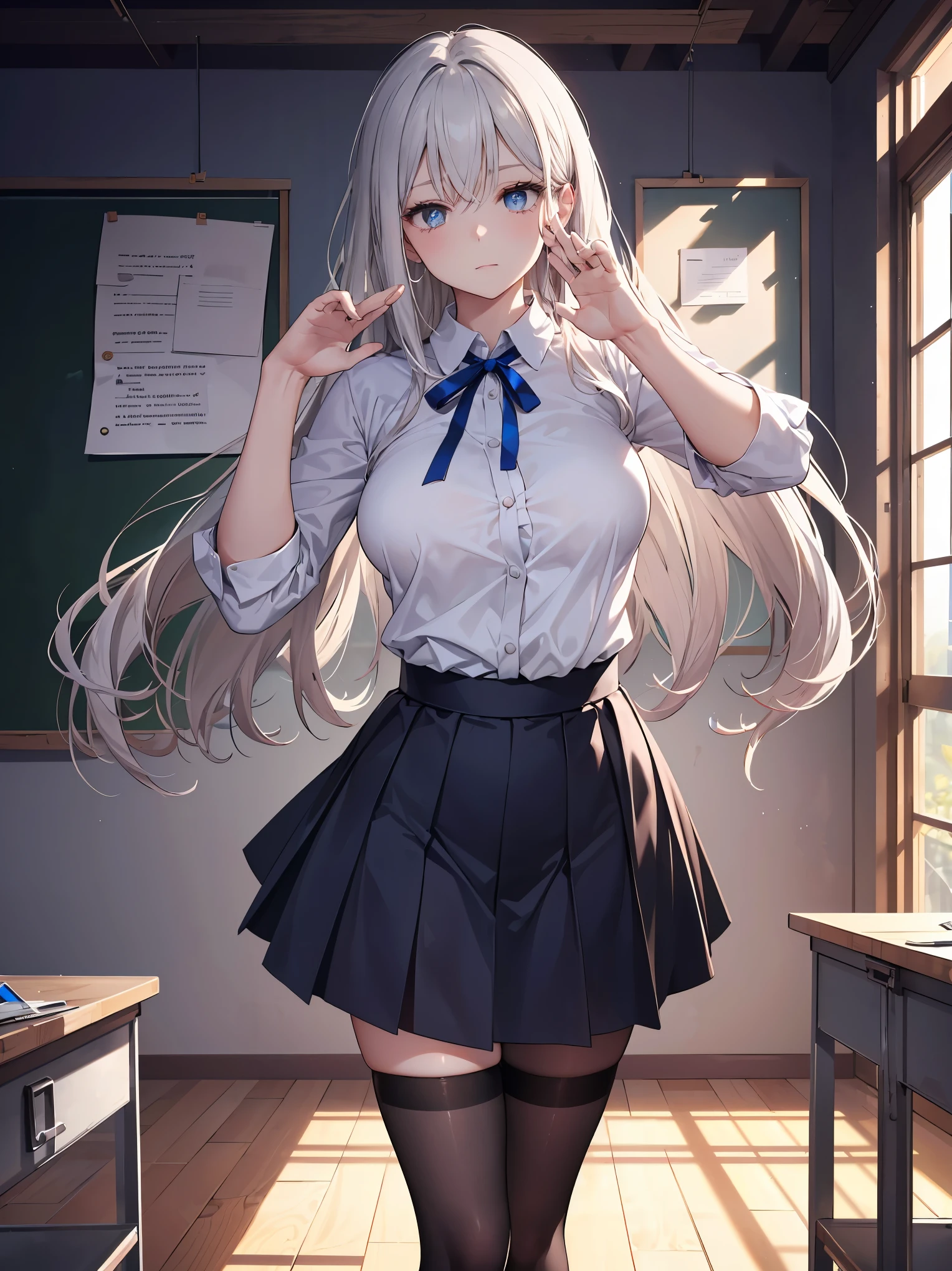 (Superlative work of the creator god: 1.4), (Absolute resolution: 1.4), (God of art's masterpiece: 1.4), Surrealist work, (Complex, detailed and realistic materials, textures, light sources: 1.3), (Perfect Anatomy: 1.2), Illustrate a character standing in a sunlit classroom, holding a pen with a contemplative expression. The character is a young woman with a pale complexion and long, wavy silver hair with hints of blue, accented by a blue and red ribbon. She has large, expressive blue eyes and a slightly furrowed brow, conveying a pensive mood. She is wearing a semi-transparent white blouse with a fitted black skirt and a blue ribbon tied neatly at the collar. Her attire is completed with black thigh-high stockings that have a subtle shine, suggesting a silky texture. The classroom is bright and airy, with sunlight streaming through the windows and casting soft shadows. The blackboard in the background has faint traces of writing, adding to the academic setting. The illustration should have a vibrant, yet serene atmosphere, and the aspect ratio should be portrait. The best lighting by artists: 1.2), 8K, ((Famous masters' teaching of captivating poses: 1.6)),