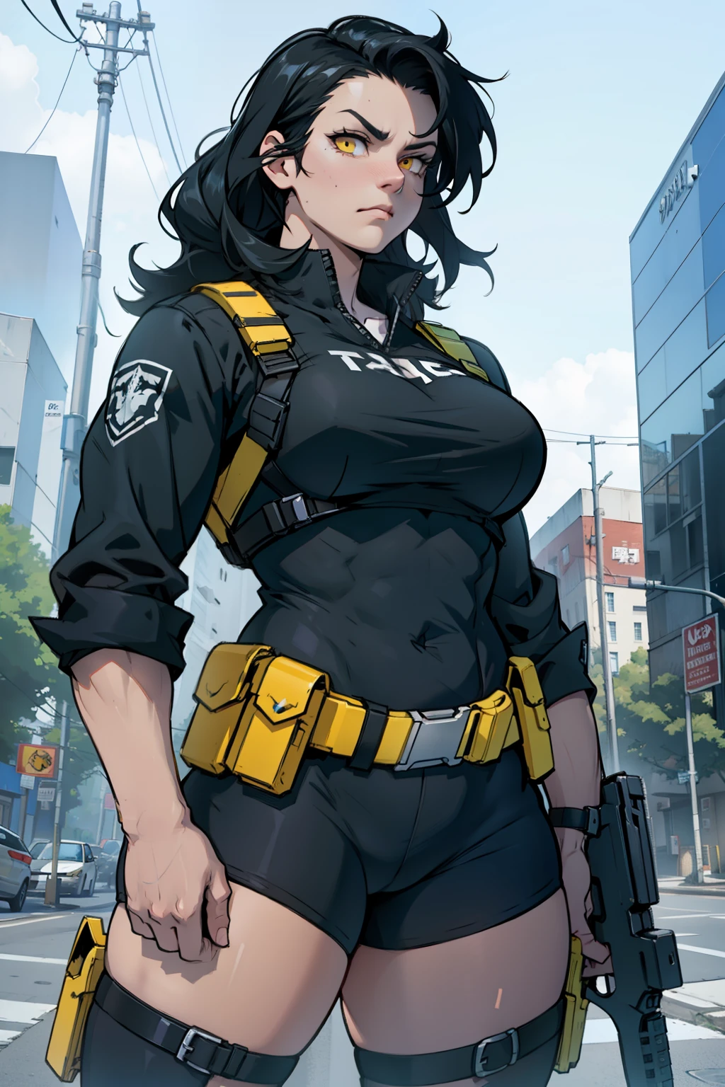 muscular girl thick black hair yellow eyes pale sad weapon holster thick weapon holster