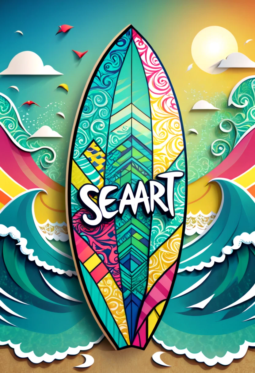 a surfboard with a shield drawn on the bottom where it says, "seaart". (best quality,4k,highres),zentangle art,surfboard,origami,a surfboard with a shield drawn on the bottom where it says, "seaart",detailed patterns,dark color palette,creative lighting,sharp focus,line art,fine details,vibrant colors,abstract representation,beach scene,water waves,summer vibes,relaxing atmosphere,crisp edges,artistic composition,contrast of textures,stylized elements,hand-drawn feel,natural elements,beautiful craftsmanship,impressive intricacy,unique design,inspired by nature,artistic expression,harmonious balance,wave-inspired motifs,abstract and symbolic elements, a surfboard with a shield drawn on the bottom where it says, "seaart"