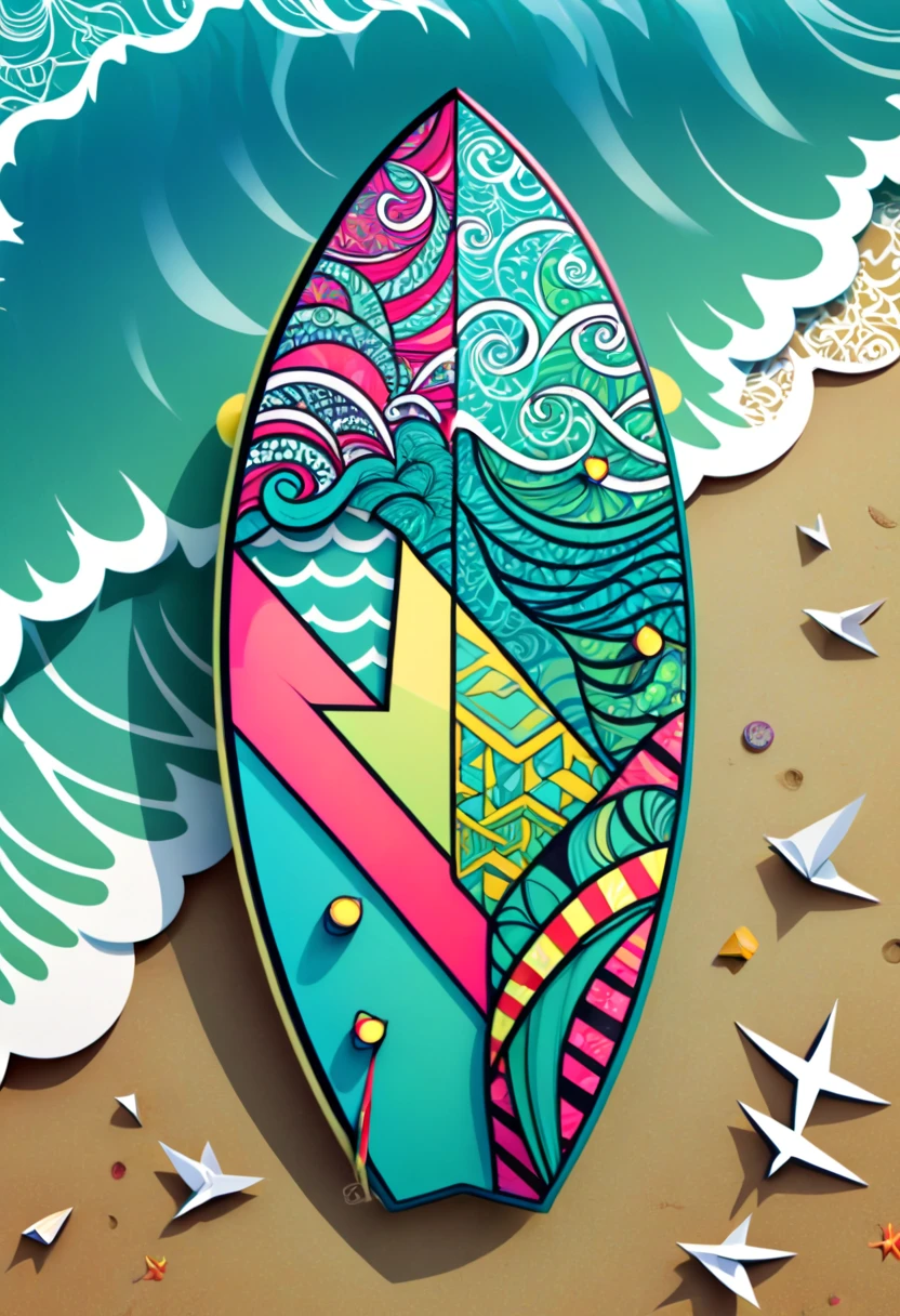 a surfboard with a shield drawn on the bottom where it says, "seaart". (best quality,4k,highres),zentangle art,surfboard,origami,a surfboard with a shield drawn on the bottom where it says, "seaart",detailed patterns,dark color palette,creative lighting,sharp focus,line art,fine details,vibrant colors,abstract representation,beach scene,water waves,summer vibes,relaxing atmosphere,crisp edges,artistic composition,contrast of textures,stylized elements,hand-drawn feel,natural elements,beautiful craftsmanship,impressive intricacy,unique design,inspired by nature,artistic expression,harmonious balance,wave-inspired motifs,abstract and symbolic elements, a surfboard with a shield drawn on the bottom where it says, "seaart"