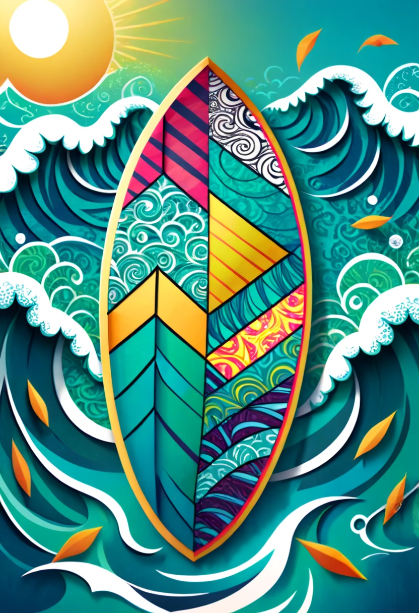 a surfboard with a shield drawn on the bottom where it says, "seaart". (best quality,4k,highres),zentangle art,surfboard,origami,a surfboard with a shield drawn on the bottom where it says, "seaart",detailed patterns,dark color palette,creative lighting,sharp focus,line art,fine details,vibrant colors,abstract representation,beach scene,water waves,summer vibes,relaxing atmosphere,crisp edges,artistic composition,contrast of textures,stylized elements,hand-drawn feel,natural elements,beautiful craftsmanship,impressive intricacy,unique design,inspired by nature,artistic expression,harmonious balance,wave-inspired motifs,abstract and symbolic elements, a surfboard with a shield drawn on the bottom where it says, "seaart"