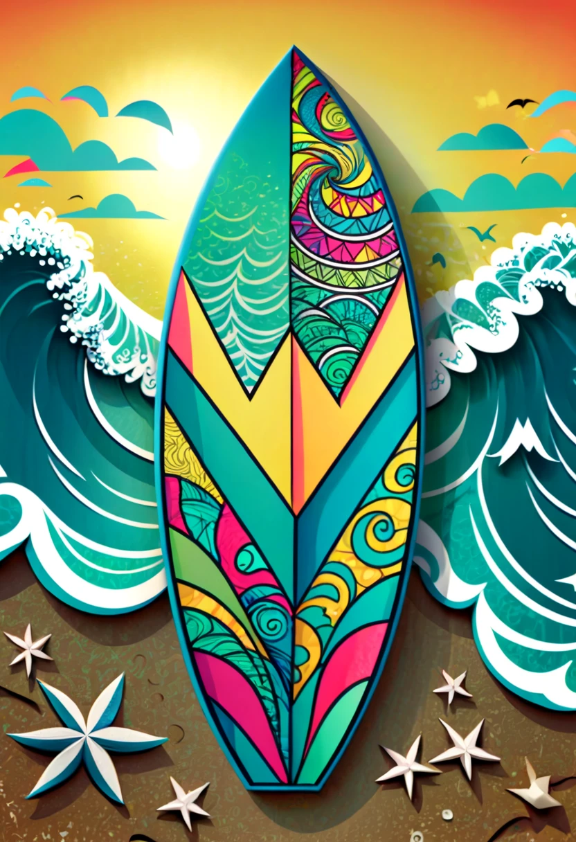 a surfboard with a shield drawn on the bottom where it says, "seaart". (best quality,4k,highres),zentangle art,surfboard,origami,a surfboard with a shield drawn on the bottom where it says, "seaart",detailed patterns,dark color palette,creative lighting,sharp focus,line art,fine details,vibrant colors,abstract representation,beach scene,water waves,summer vibes,relaxing atmosphere,crisp edges,artistic composition,contrast of textures,stylized elements,hand-drawn feel,natural elements,beautiful craftsmanship,impressive intricacy,unique design,inspired by nature,artistic expression,harmonious balance,wave-inspired motifs,abstract and symbolic elements, a surfboard with a shield drawn on the bottom where it says, "seaart"