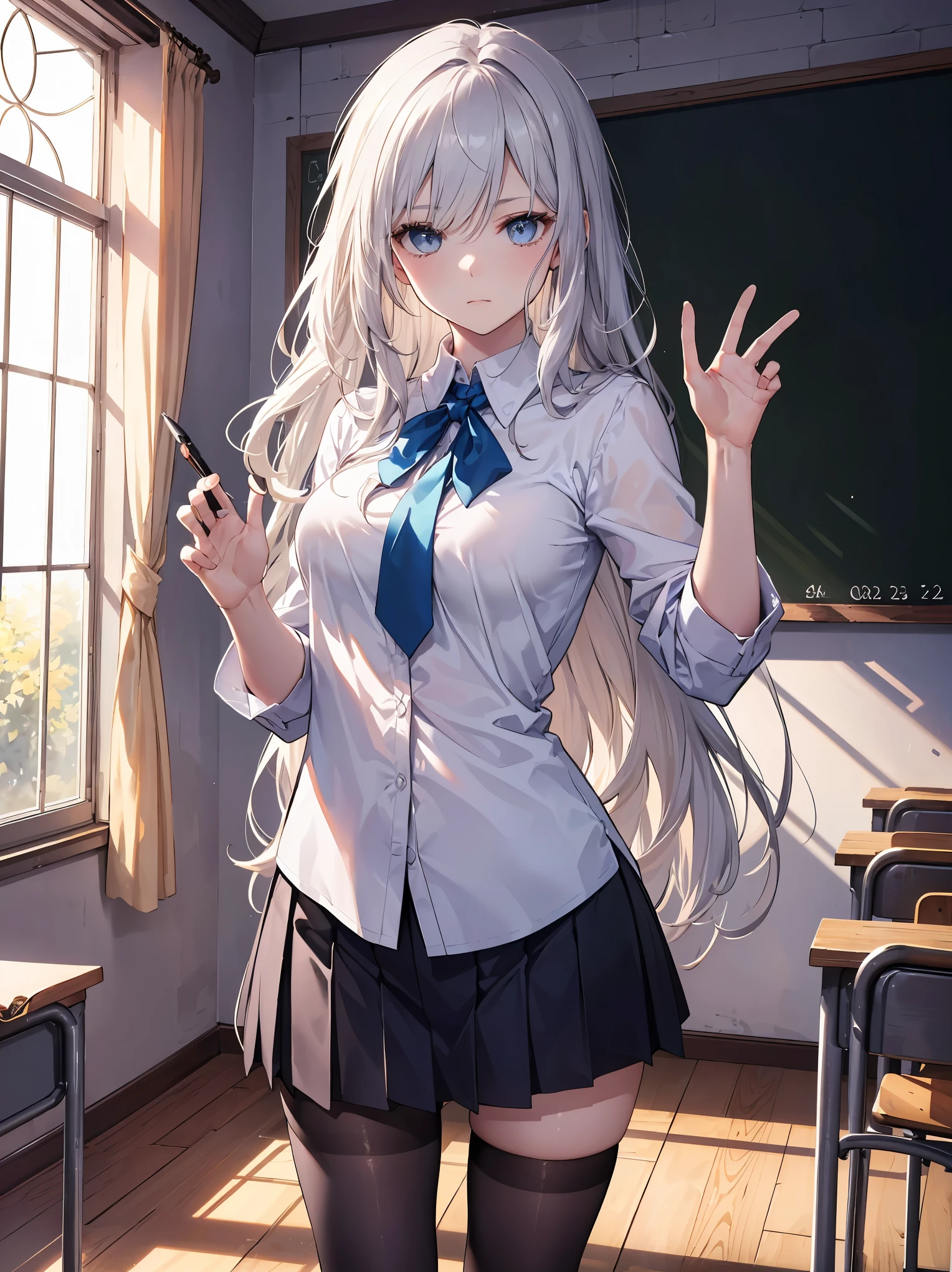 (Superlative work of the creator god: 1.4), (Absolute resolution: 1.4), (God of art's masterpiece: 1.4), Surrealist work, (Complex, detailed and realistic materials, textures, light sources: 1.3), (Perfect Anatomy: 1.2), Illustrate a character standing in a sunlit classroom, holding a pen with a contemplative expression. The character is a young woman with a pale complexion and long, wavy silver hair with hints of blue, accented by a blue and red ribbon. She has large, expressive blue eyes and a slightly furrowed brow, conveying a pensive mood. She is wearing a semi-transparent white blouse with a fitted black skirt and a blue ribbon tied neatly at the collar. Her attire is completed with black thigh-high stockings that have a subtle shine, suggesting a silky texture. The classroom is bright and airy, with sunlight streaming through the windows and casting soft shadows. The blackboard in the background has faint traces of writing, adding to the academic setting. The illustration should have a vibrant, yet serene atmosphere, and the aspect ratio should be portrait. The best lighting by artists: 1.2), 8K, ((Famous masters' teaching of captivating poses: 1.6)),
