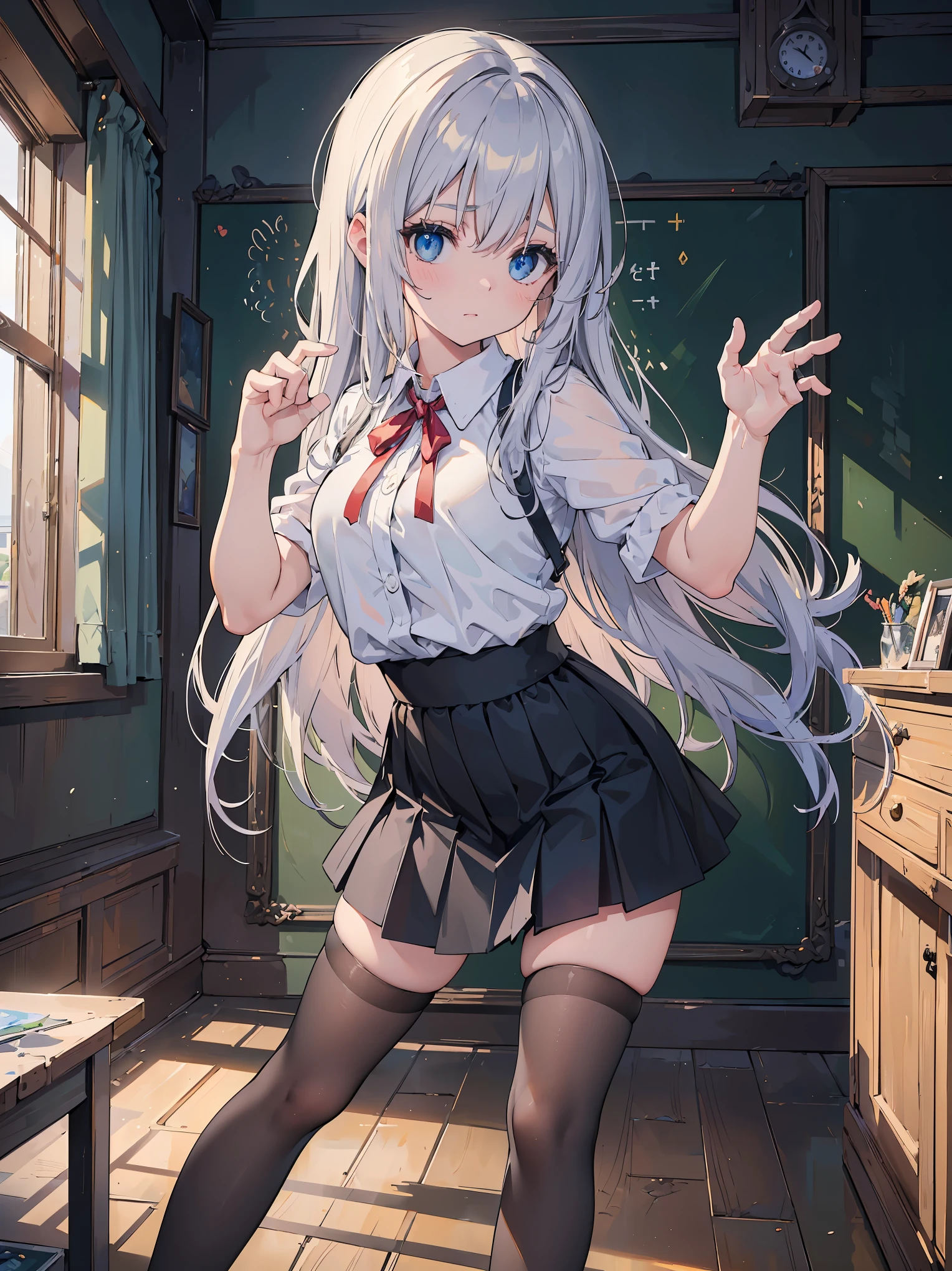 (Superlative work of the creator god: 1.4), (Absolute resolution: 1.4), (God of art's masterpiece: 1.4), Surrealist work, (Complex, detailed and realistic materials, textures, light sources: 1.3), (Perfect Anatomy: 1.2), Illustrate a character standing in a sunlit classroom, holding a pen with a contemplative expression. The character is a young woman with a pale complexion and long, wavy silver hair with hints of blue, accented by a blue and red ribbon. She has large, expressive blue eyes and a slightly furrowed brow, conveying a pensive mood. She is wearing a semi-transparent white blouse with a fitted black skirt and a blue ribbon tied neatly at the collar. Her attire is completed with black thigh-high stockings that have a subtle shine, suggesting a silky texture. The classroom is bright and airy, with sunlight streaming through the windows and casting soft shadows. The blackboard in the background has faint traces of writing, adding to the academic setting. The illustration should have a vibrant, yet serene atmosphere, and the aspect ratio should be portrait. The best lighting by artists: 1.2), 8K, ((Famous masters' teaching of captivating poses: 1.6)),