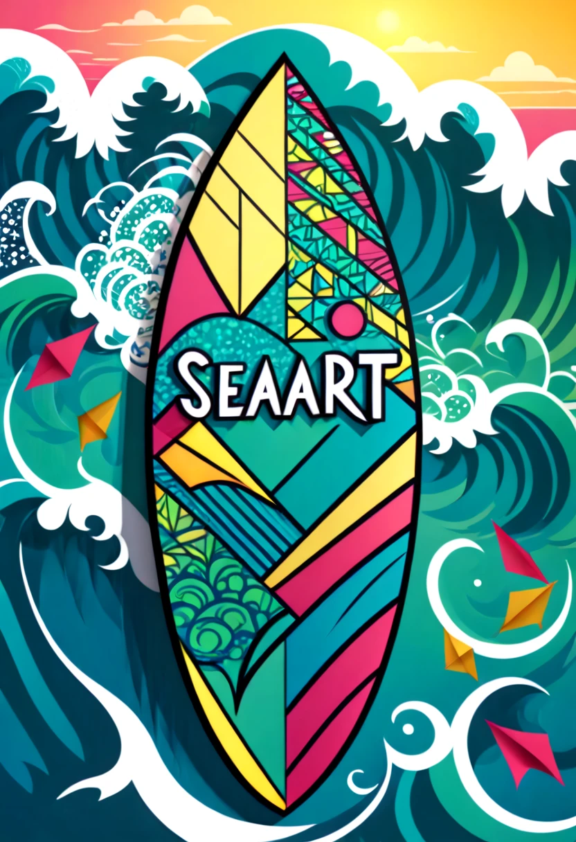 a surfboard with a shield drawn on the bottom where it says, "seaart". (best quality,4k,highres),zentangle art,surfboard,origami,a surfboard with a shield drawn on the bottom where it says, "seaart",detailed patterns,dark color palette,creative lighting,sharp focus,line art,fine details,vibrant colors,abstract representation,beach scene,water waves,summer vibes,relaxing atmosphere,crisp edges,artistic composition,contrast of textures,stylized elements,hand-drawn feel,natural elements,beautiful craftsmanship,impressive intricacy,unique design,inspired by nature,artistic expression,harmonious balance,wave-inspired motifs,abstract and symbolic elements, a surfboard with a shield drawn on the bottom where it says, "seaart"