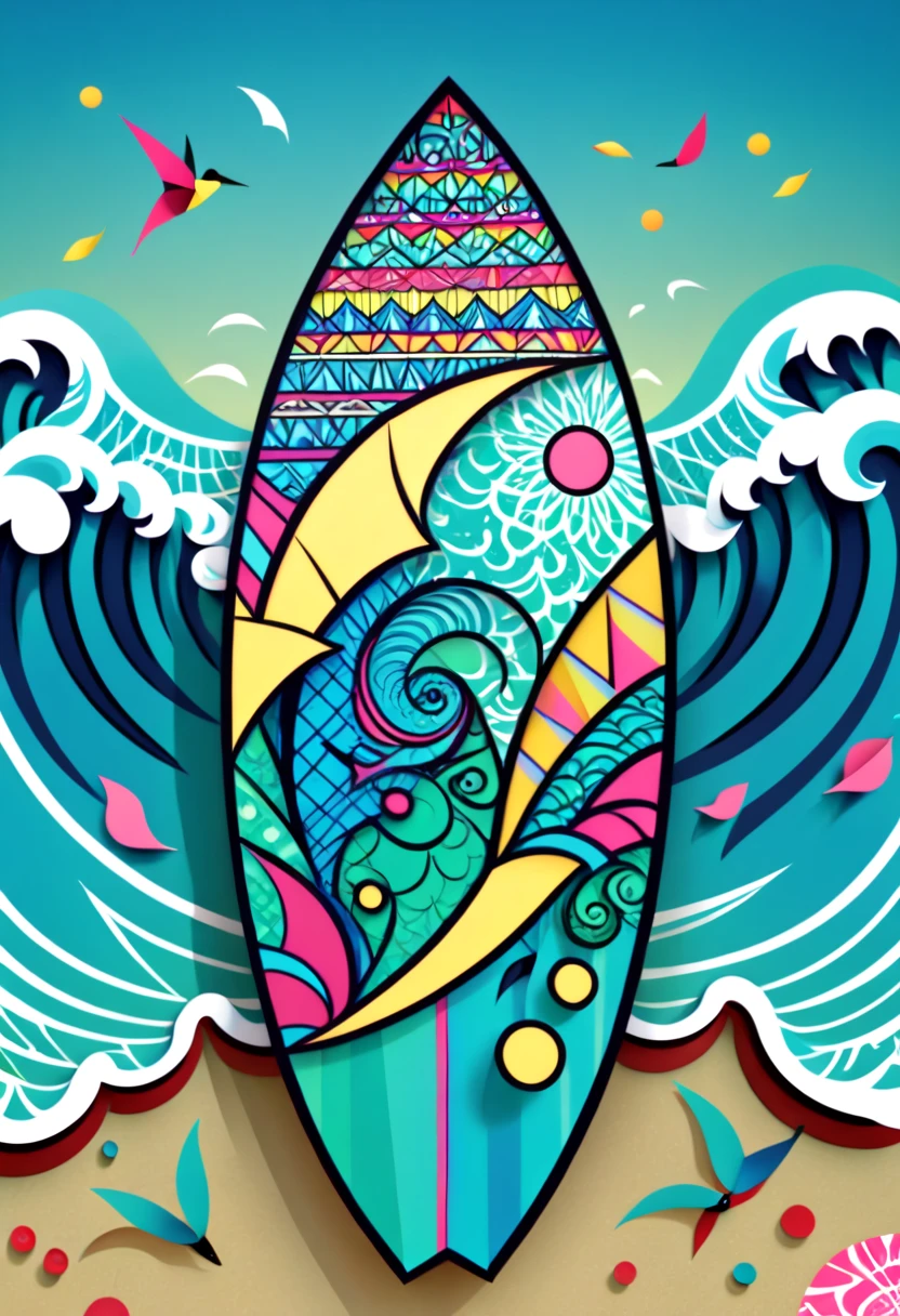 a surfboard with a shield drawn on the bottom where it says, "seaart". (best quality,4k,highres),zentangle art,surfboard,origami,a surfboard with a shield drawn on the bottom where it says, "seaart",detailed patterns,dark color palette,creative lighting,sharp focus,line art,fine details,vibrant colors,abstract representation,beach scene,water waves,summer vibes,relaxing atmosphere,crisp edges,artistic composition,contrast of textures,stylized elements,hand-drawn feel,natural elements,beautiful craftsmanship,impressive intricacy,unique design,inspired by nature,artistic expression,harmonious balance,wave-inspired motifs,abstract and symbolic elements, a surfboard with a shield drawn on the bottom where it says, "seaart"