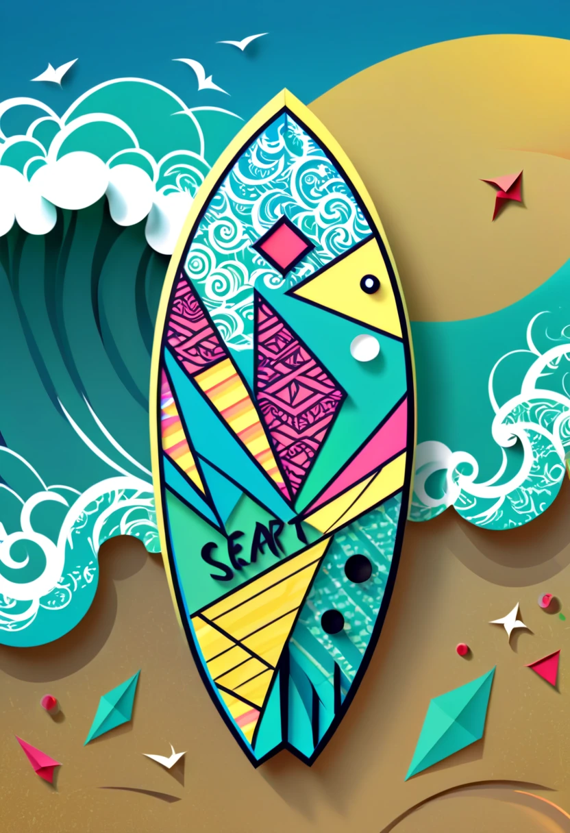 a surfboard with a shield drawn on the bottom where it says, "seaart". (best quality,4k,highres),zentangle art,surfboard,origami,a surfboard with a shield drawn on the bottom where it says, "seaart",detailed patterns,dark color palette,creative lighting,sharp focus,line art,fine details,vibrant colors,abstract representation,beach scene,water waves,summer vibes,relaxing atmosphere,crisp edges,artistic composition,contrast of textures,stylized elements,hand-drawn feel,natural elements,beautiful craftsmanship,impressive intricacy,unique design,inspired by nature,artistic expression,harmonious balance,wave-inspired motifs,abstract and symbolic elements, a surfboard with a shield drawn on the bottom where it says, "seaart"