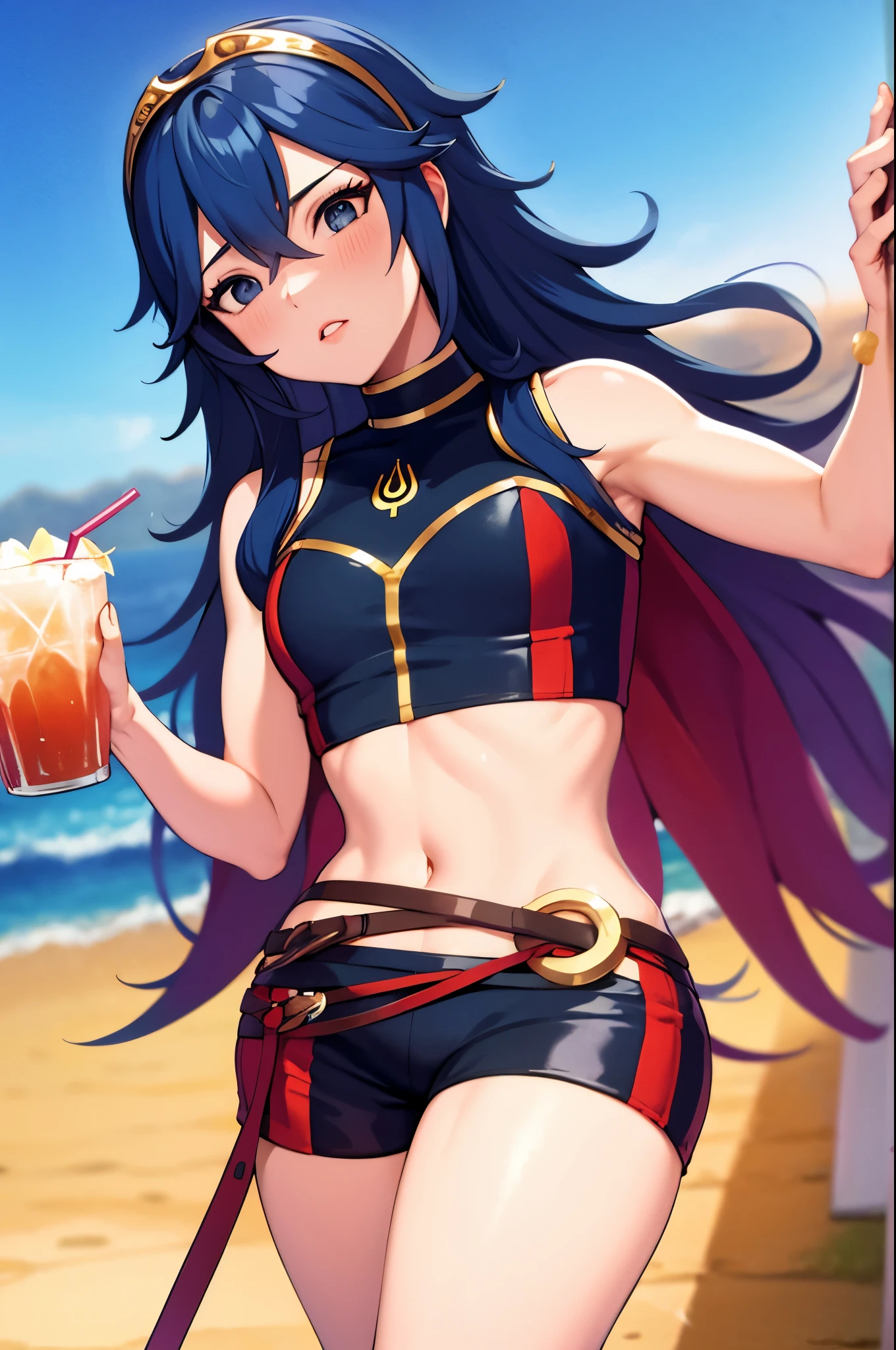 cipLucy, tiara, crop top, sleeveless, short shorts, holding drink
