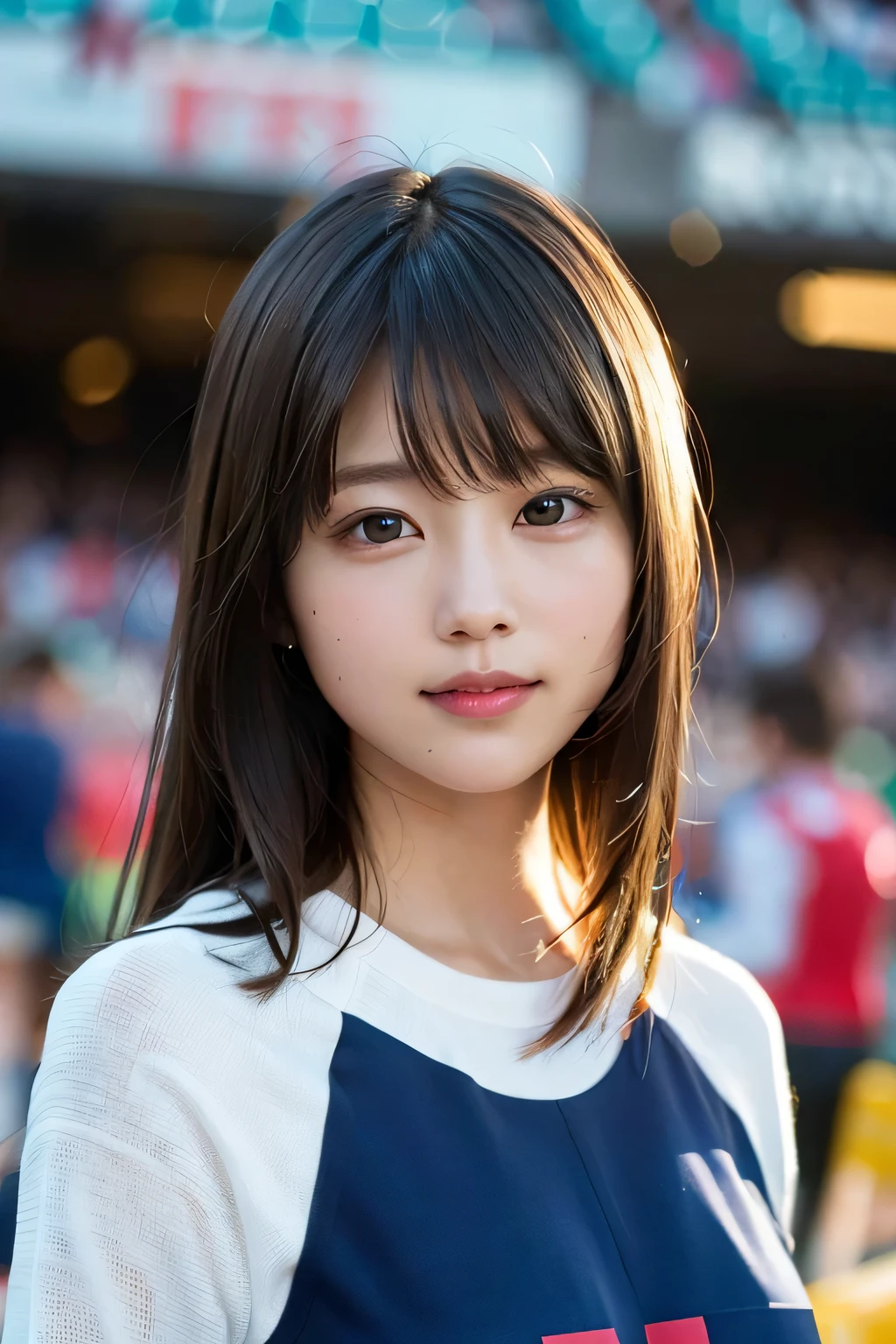 (8K、RAW photo、highest quality、masterpiece:1.2)、(genuine、genuineistic:1.37)、Super detailed、ultra high resolution、1 girl、see the beholder、beautiful detailed face、Put a smile on your face、narrow、(slim waist) :1.3)、shirt、beautiful and smooth skin、skin texture、floating hair、professional lighting、Upper body、as a whole human body、long hair、blonde、Women's Marathon Uniforms、athletics stadium