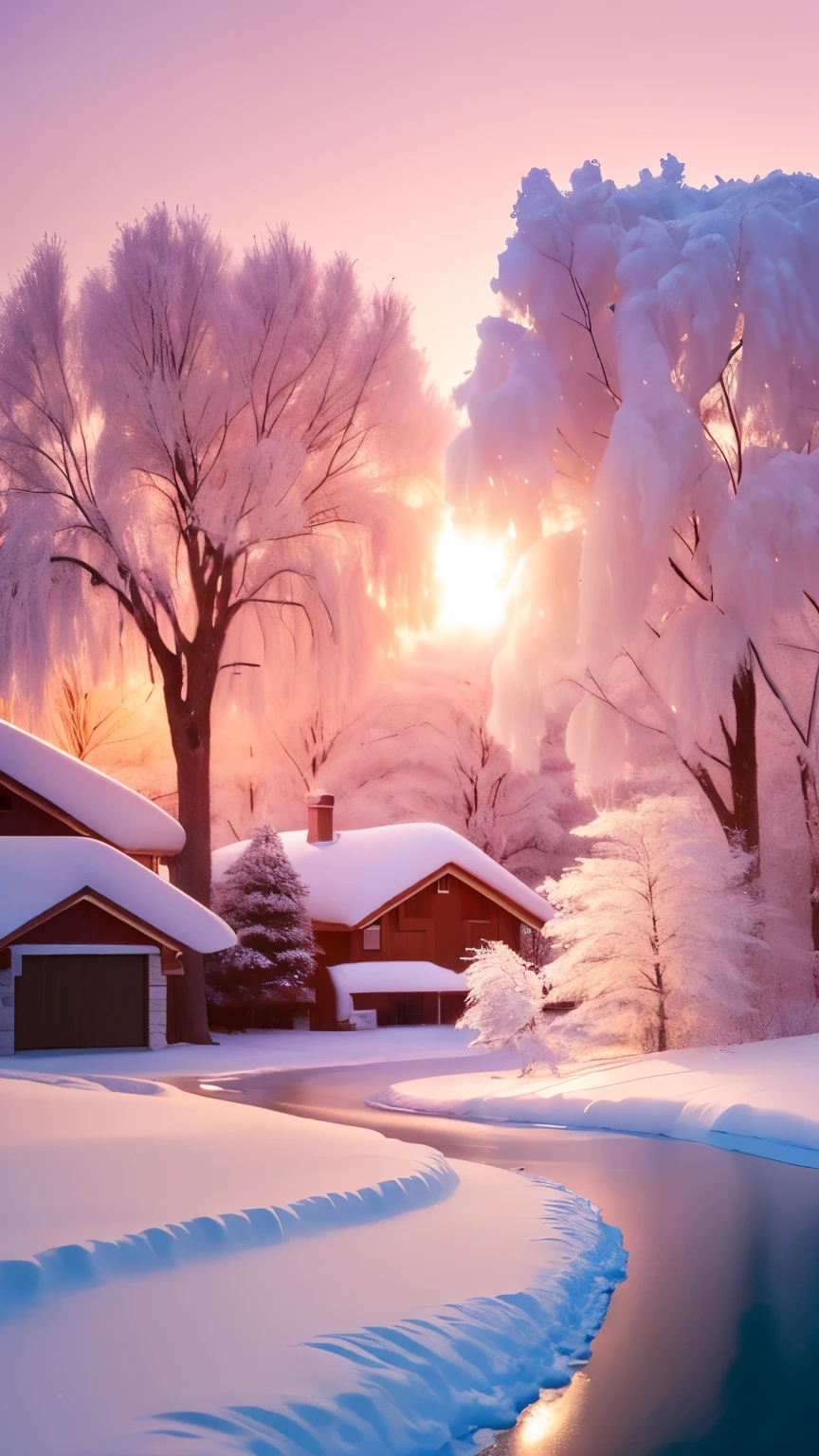 (Best quality at best,4K,8K,A high resolution,tmasterpiece:1.2),ultra - detailed,(actual,photoactual,photo-actual:1.37),winter landscape,beautiful snowy landscape,house in background,glowing snow,soft white glow,winter setting,pink sunshine,Soft winter light,very beautiful photograph of,cotton candy trees,dramatic pink light,Pink soft glow 4K,winter atmosphere,lindo cenario,Exquisite and ethereal,Pink tree,Ethereal soft fuzzy light,white winter wonderland