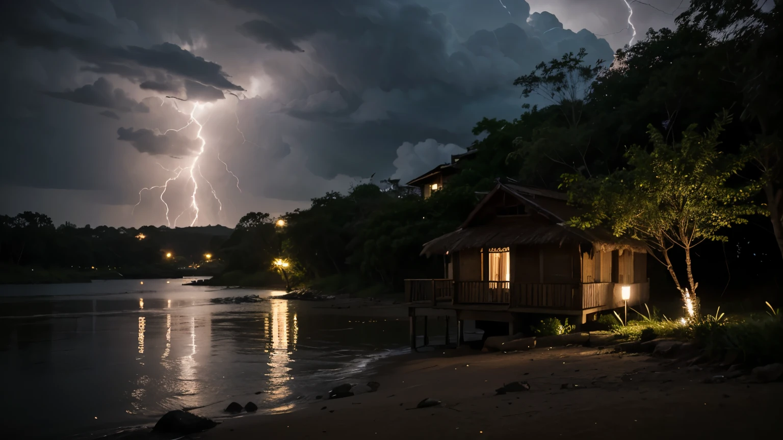 uma cabana na floresta com janelas iluminadas, com uma lagoa na frente, chuva forte na floresta, Overcast sky with lightning and thunder 