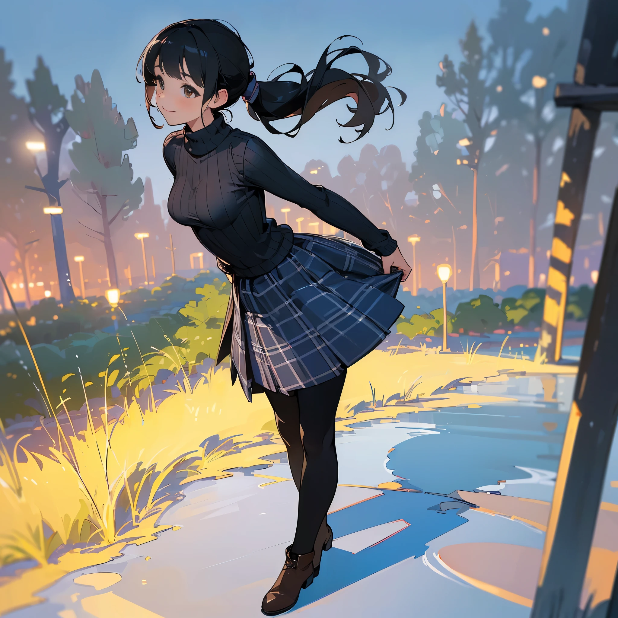 (high quality, high resolution, Super detailed, Reality:1.37), peaceful atmosphere, (outdoor, garden),  girl standing alone, (My breasts are big.), Beautiful detailed features, cute smile, (black hair ponytail), ribbed sweater, blue plaid skirt, Black tights, brown boots.