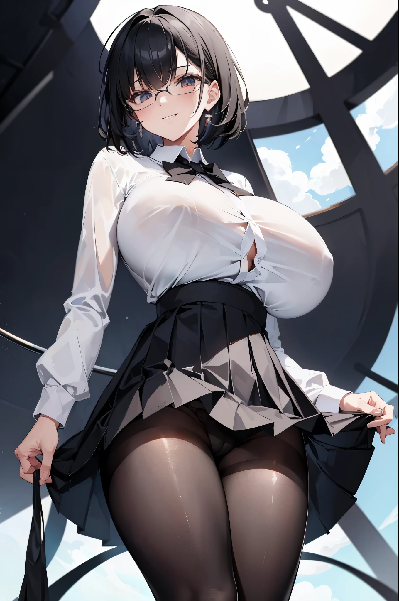 1 girl, glasses, angle from below, evil smile, (skirt lift:1.2), (slim body:1.2), (huge breasts:1.1), (slender legs:1.1), black hair, short hair, , white long sleeve shirt, pleated skirt, (black tights:1.1), black panties,