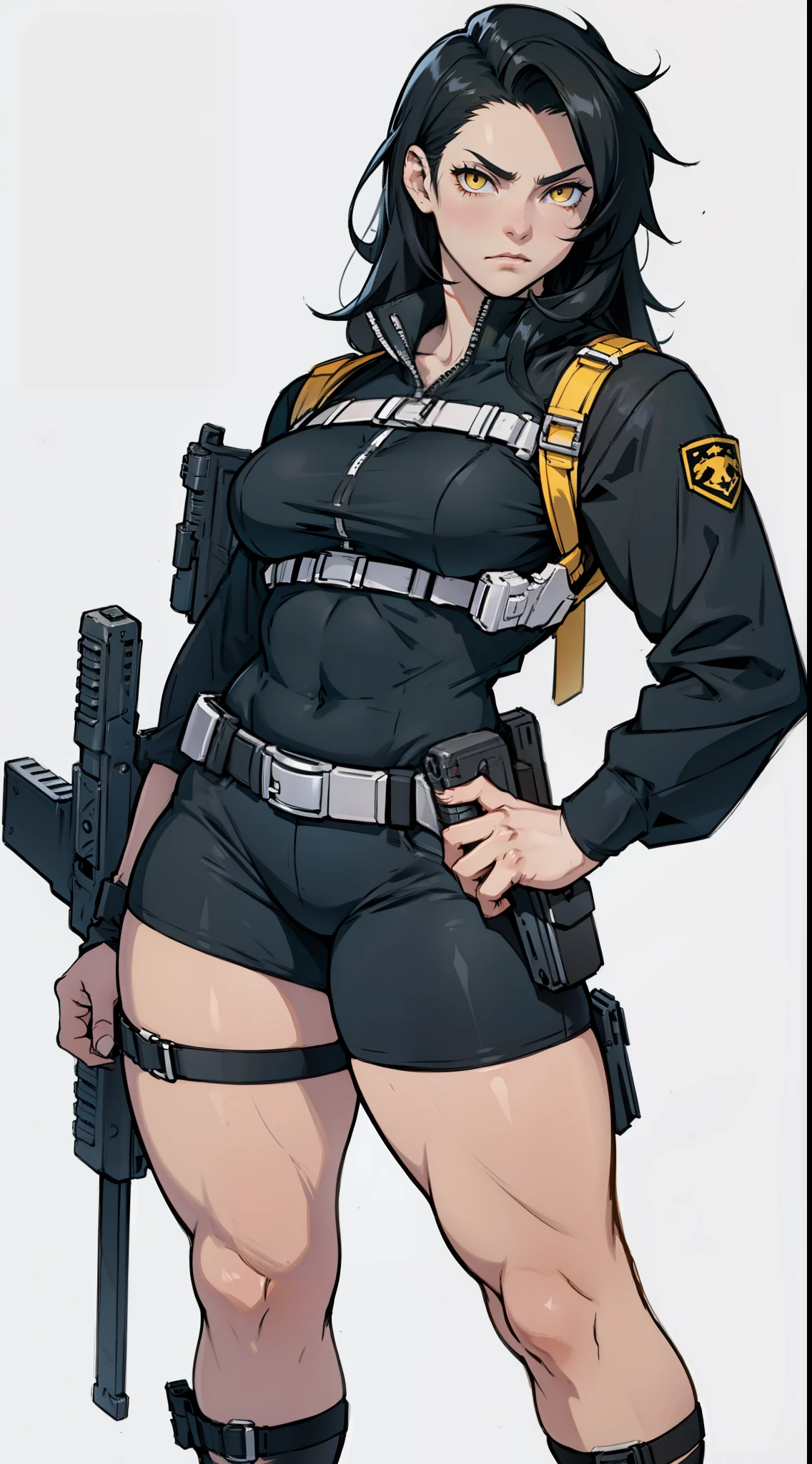 muscular girl thick black hair yellow eyes pale sad weapon holster thick weapon holster weapon weapon weapon