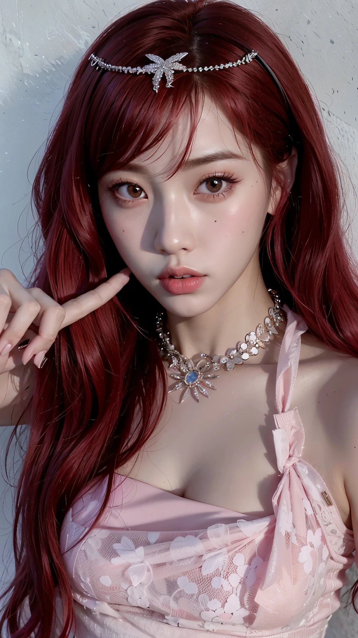 a close up of a woman with red hair wearing a necklace and a choke, sun yunjoo, ulzzang, jossi of blackpink, belle delphine, kim doyoung, jisoo from blackpink, popular south korean makeup, jinyoung shin, roseanne park of blackpink, jisoo of blackpink, with pink hair, popular korean makeup, portrait of jossi of blackpink