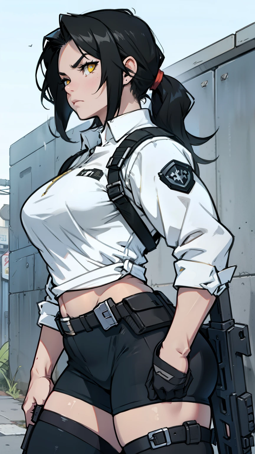 muscular girl thick black hair yellow eyes pale sad weapon holster thick weapon holster
