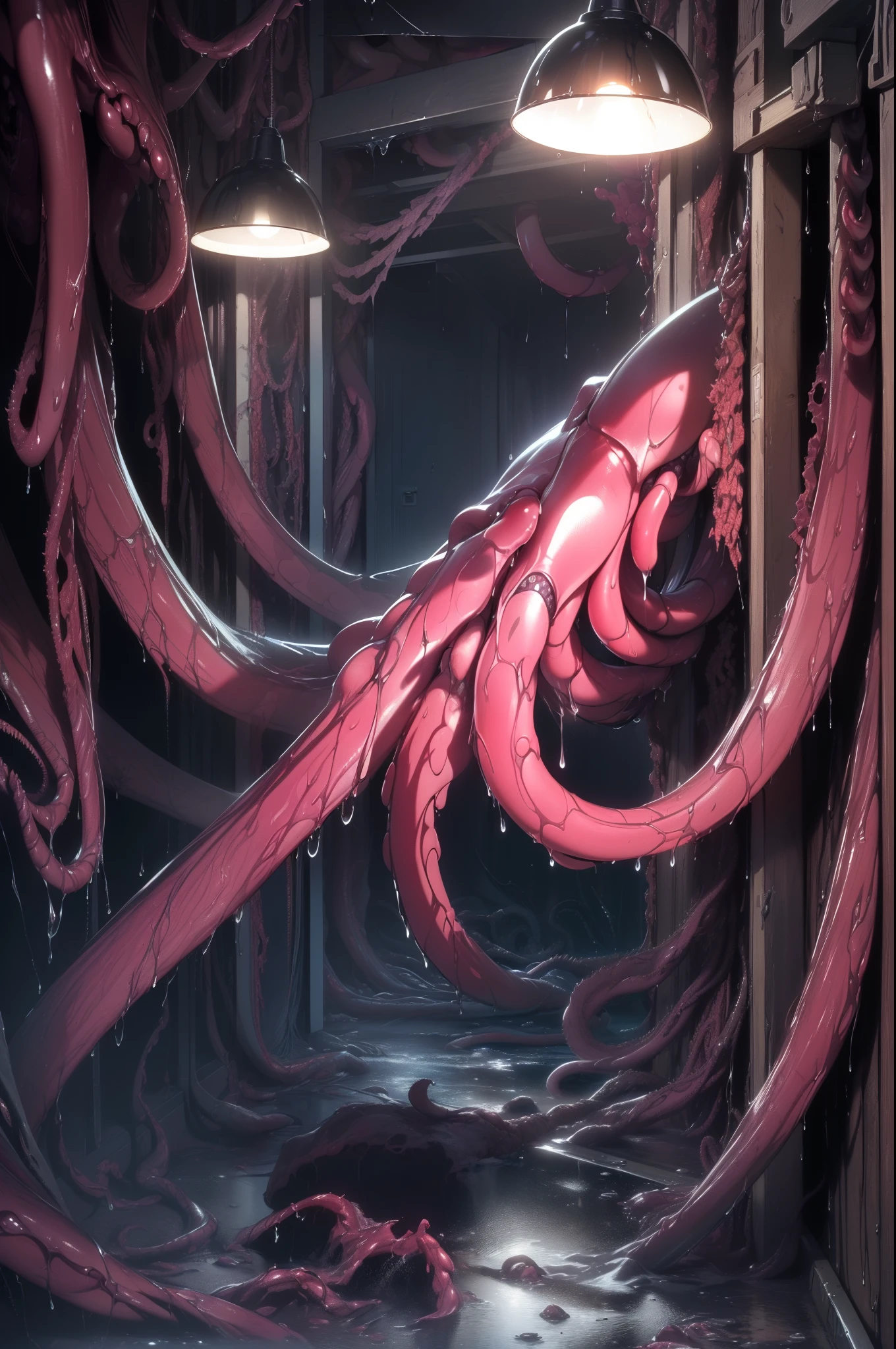 Super detailed, Very detailed,masterpiece,(Highest quality),(Super detailed),(Very delicate and beautiful),((erotic)),(((Angle from below the front))),((Limbs are bound by tentacles)), whole body,Charm, Solemn atmosphere, Tentacles in the vagina, Tentacles in the anus, Beautiful girl with straight silver hair,Red Eye, Completely naked ,Ecstatic expression, Sticking out tongue and blushing,Can be applied to cloudy liquid, (((Tentacle Nursery))), (((Hung from above, Spread your legs))), pregnancy, Breast milk