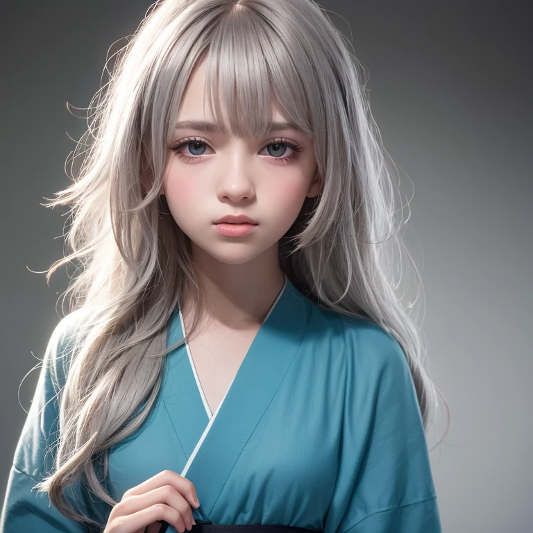 (masterpiece, best quality, 8k, raw photo, absurdres, silver long hair:1.2), no makeup, facelight, bangs, light blue kimono, upper body, smaller waist, pretty girl, teen, looking at viewer, photorealistic, film grain, chromatic aberration, highres, ultra detailed, finely detail, detailed eyes and face and skin, beautiful skin, dynamic lighting, dramatic lighting, sharp pupils, realistic pupils, (simple background, humid:1.3)