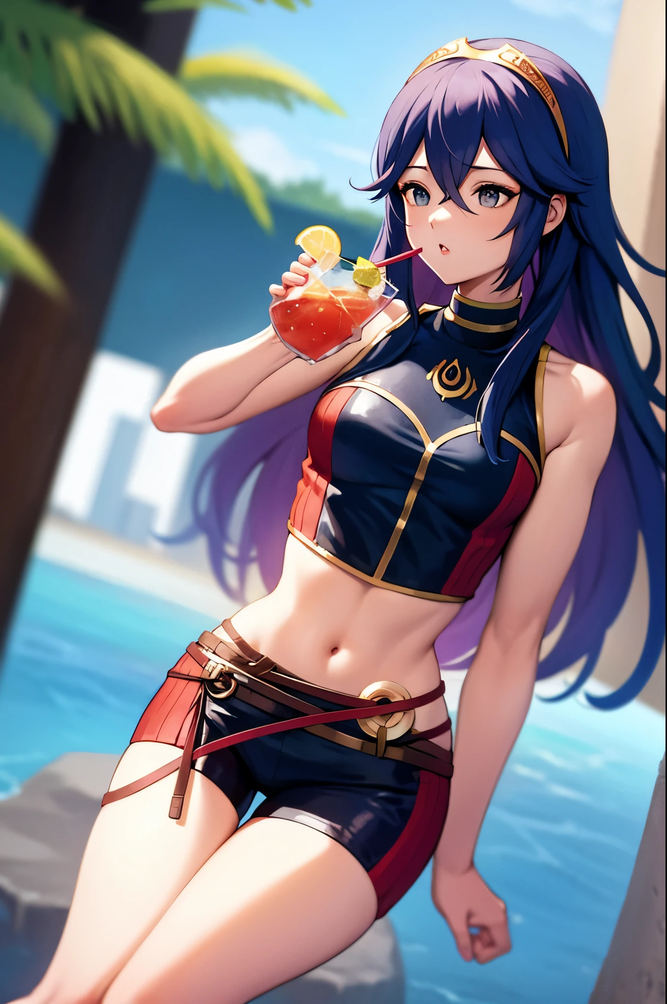 cipLucy, tiara, crop top, sleeveless, short shorts, holding drink
