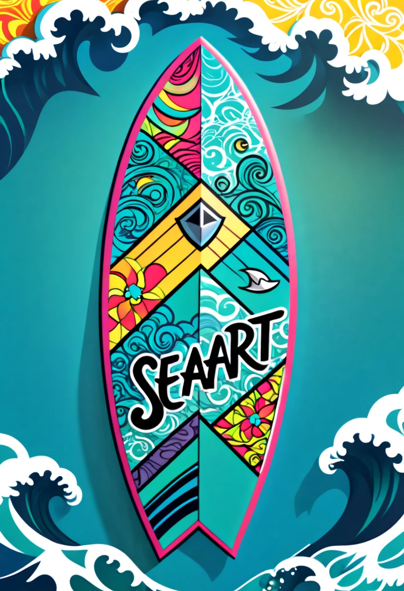 a surfboard with a shield drawn on the bottom where it says, "seaart". (best quality,4k,highres),zentangle art,surfboard,origami,a surfboard with a shield drawn on the bottom where it says, "seaart",detailed patterns,dark color palette,creative lighting,sharp focus,line art,fine details,vibrant colors,abstract representation,beach scene,water waves,summer vibes,relaxing atmosphere,crisp edges,artistic composition,contrast of textures,stylized elements,hand-drawn feel,natural elements,beautiful craftsmanship,impressive intricacy,unique design,inspired by nature,artistic expression,harmonious balance,wave-inspired motifs,abstract and symbolic elements, a surfboard with a shield drawn on the bottom where it says, "seaart"