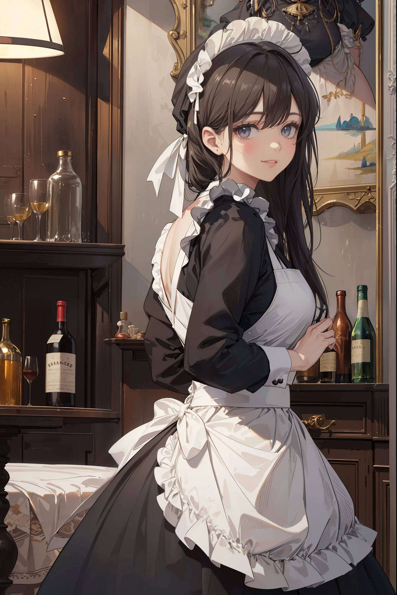 (Superlative work of the creator god: 1.4), (Absolute resolution: 1.4), (God of art's masterpiece: 1.4), Surrealist work, (Complex, detailed and realistic materials, textures, light sources: 1.3), (Perfect Anatomy: 1.2), Create an image of a character in a classic maid attire, within an antique-looking room with warm ambient lighting. The character should be a young woman with a fair complexion and shoulder-length wavy black hair . She is wearing a large white bonnet decorated with a blue ribbon and white flowers. Her maid outfit consists of a black dress with white frills and a white apron featuring black and gray accents. The apron has a large bow tied in the back. has a charming smile and is looking back over her shoulder with playful dark eyes that have pink highlights. In the background, there is a wooden counter, a vintage golden table lamp, and shelves stocked with various bottles, contributing to an elegant and nostalgic atmosphere The setting is reminiscent of a cozy, dimly-lit tavern or vintage cafe. The aspect ratio for the image should be portrait. Pose that captivates men: 1.3), Smile, enchanting genius, ultra-detailed skin, (Best lighting by famous artists: 1.2), 8K, ((Acting instruction of attractive poses by famous masters: 1.6)),