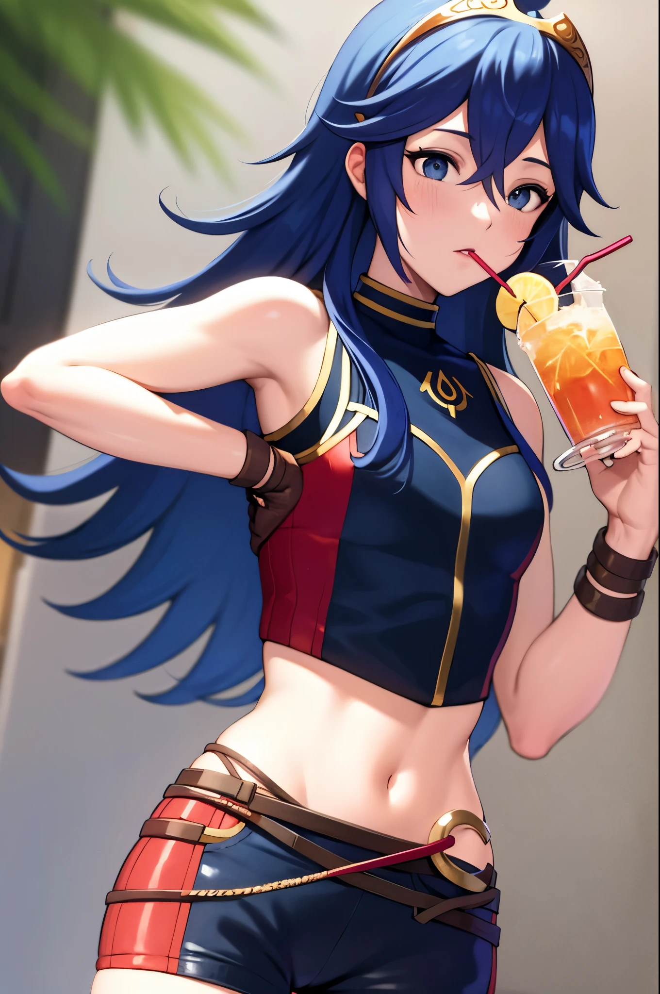 cipLucy, tiara, crop top, sleeveless, short shorts, holding drink
